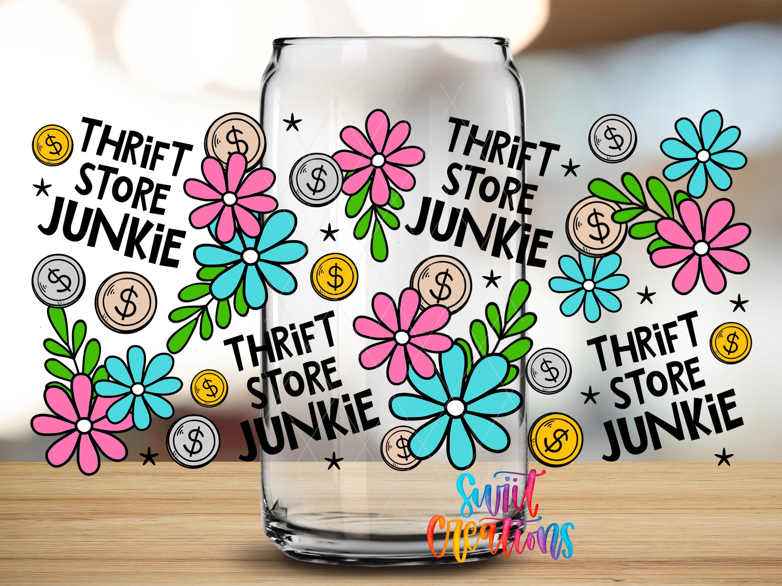 Thrift Store Junkie UV DTF Full Wrap displayed on a clear glass can with pink and turquoise flowers