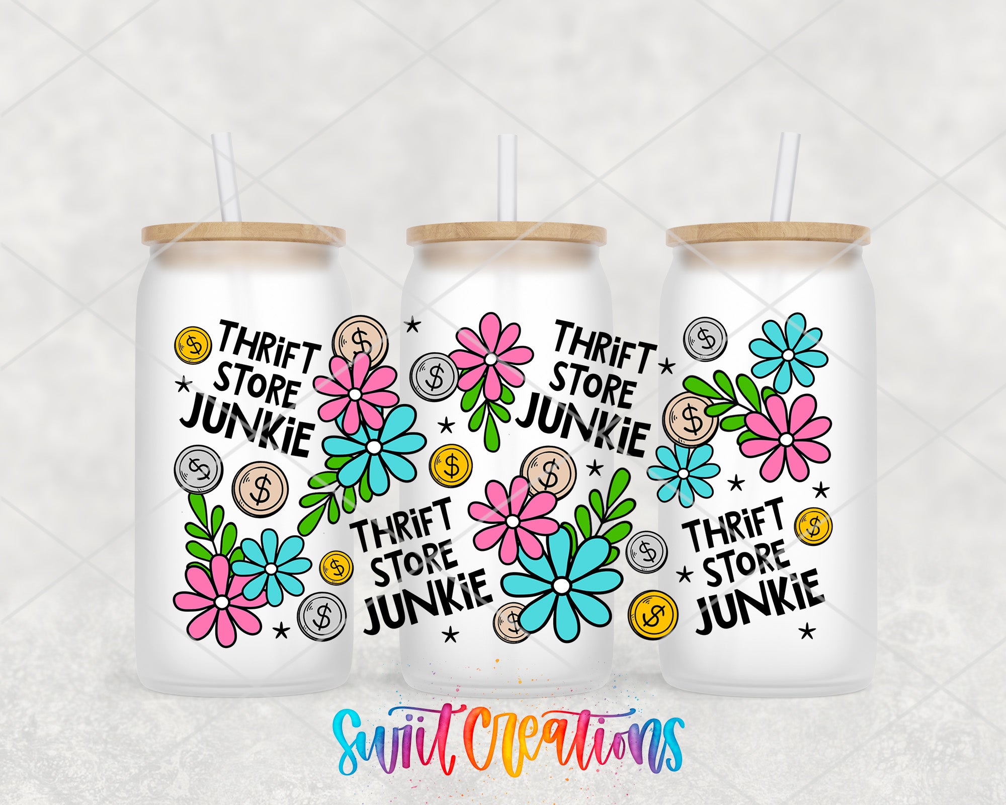 Thrift Store Junkie floral Full Wrap shown across three frosted tumbler cans