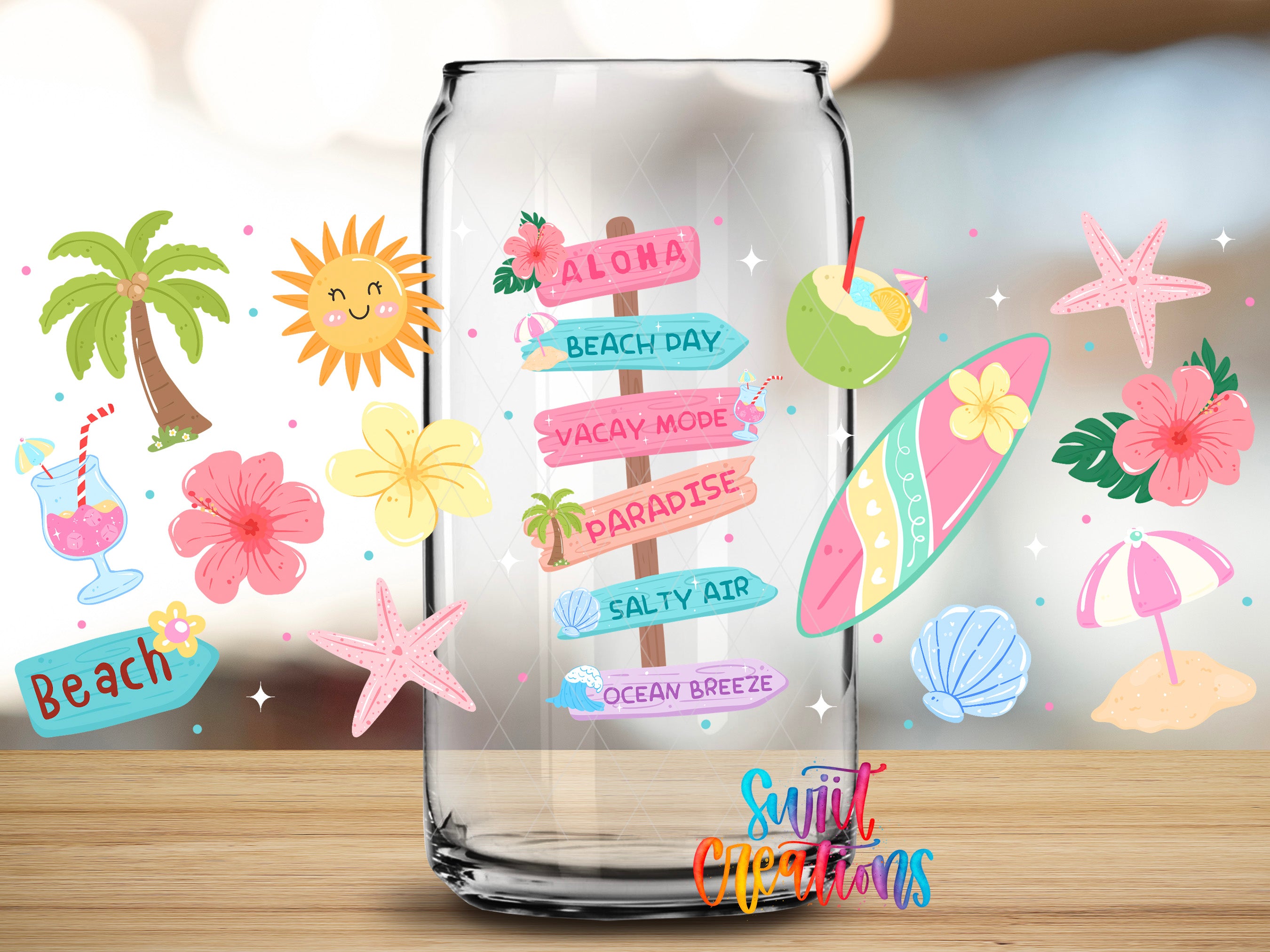 Happy Beach summer UV DTF Full Wrap displayed on a clear glass can with tropical vacation artwork