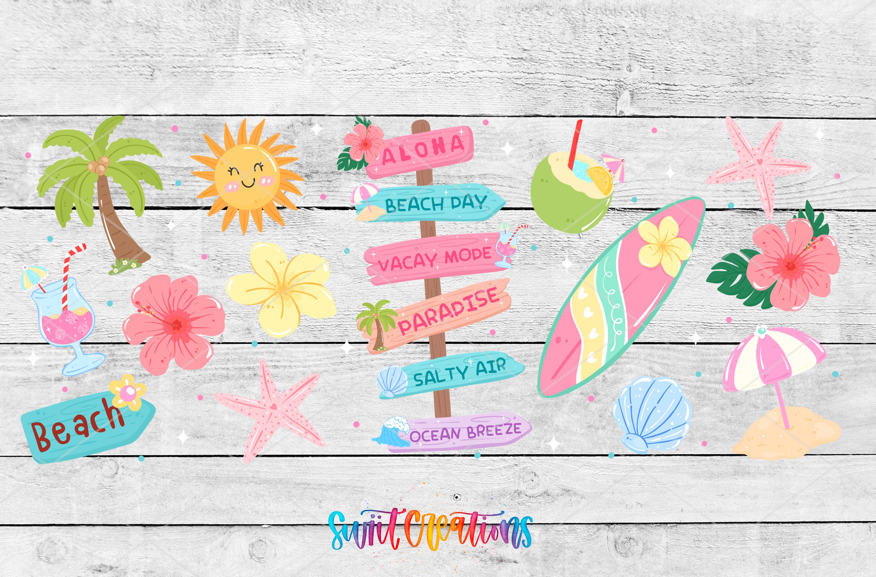 Happy Beach Full Wrap artwork with hibiscus flowers, surfboard, coconut drink, shells, and palm tree