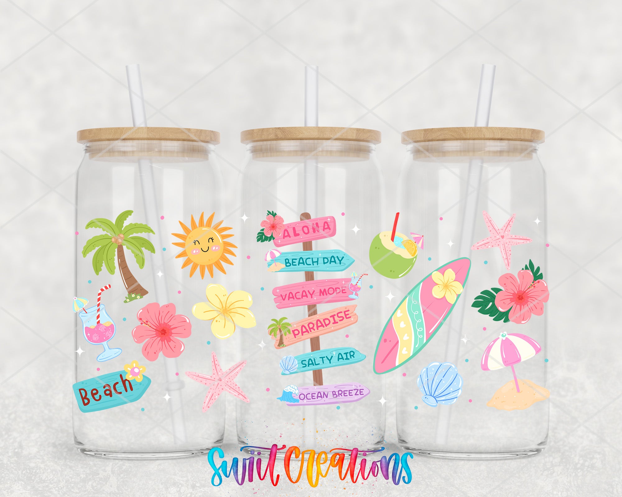 Happy Beach summer UV DTF Full Wrap displayed on three clear glass cans