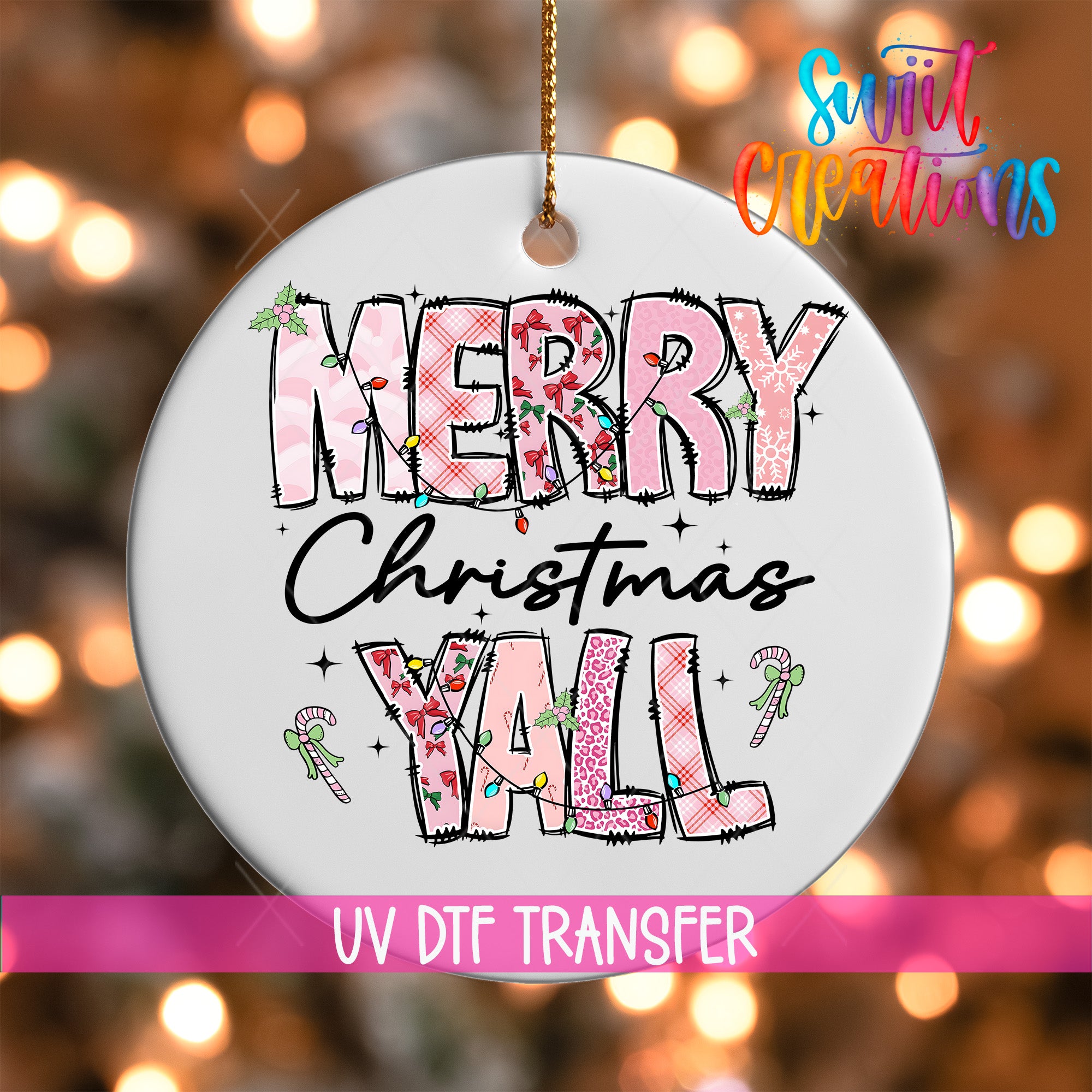 A white ornament with the text "MERRY CHRISTMAS YALL" in a decorative font, surrounded by various Christmas-themed elements such as candy canes and lights.