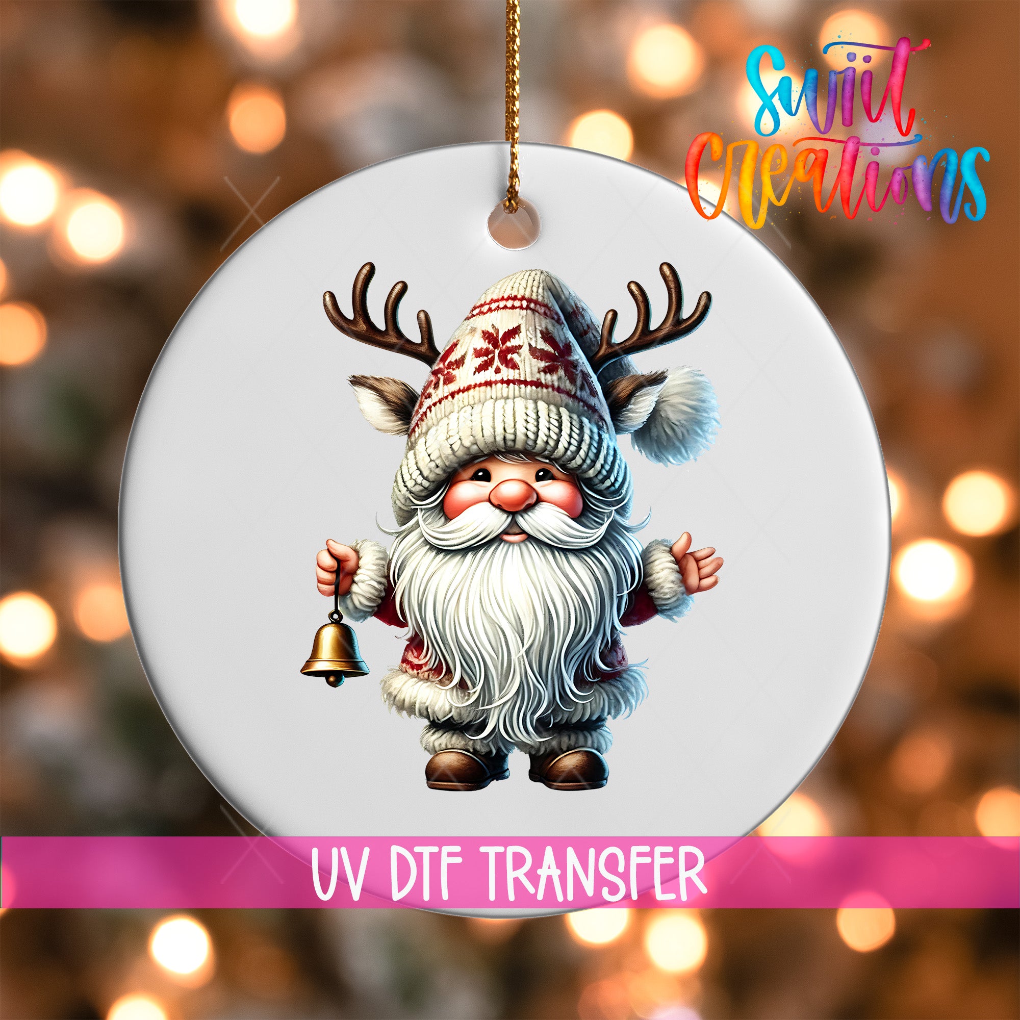 A white ornament featuring a gnome with antlers and a bell, set against a blurred background with Christmas lights.