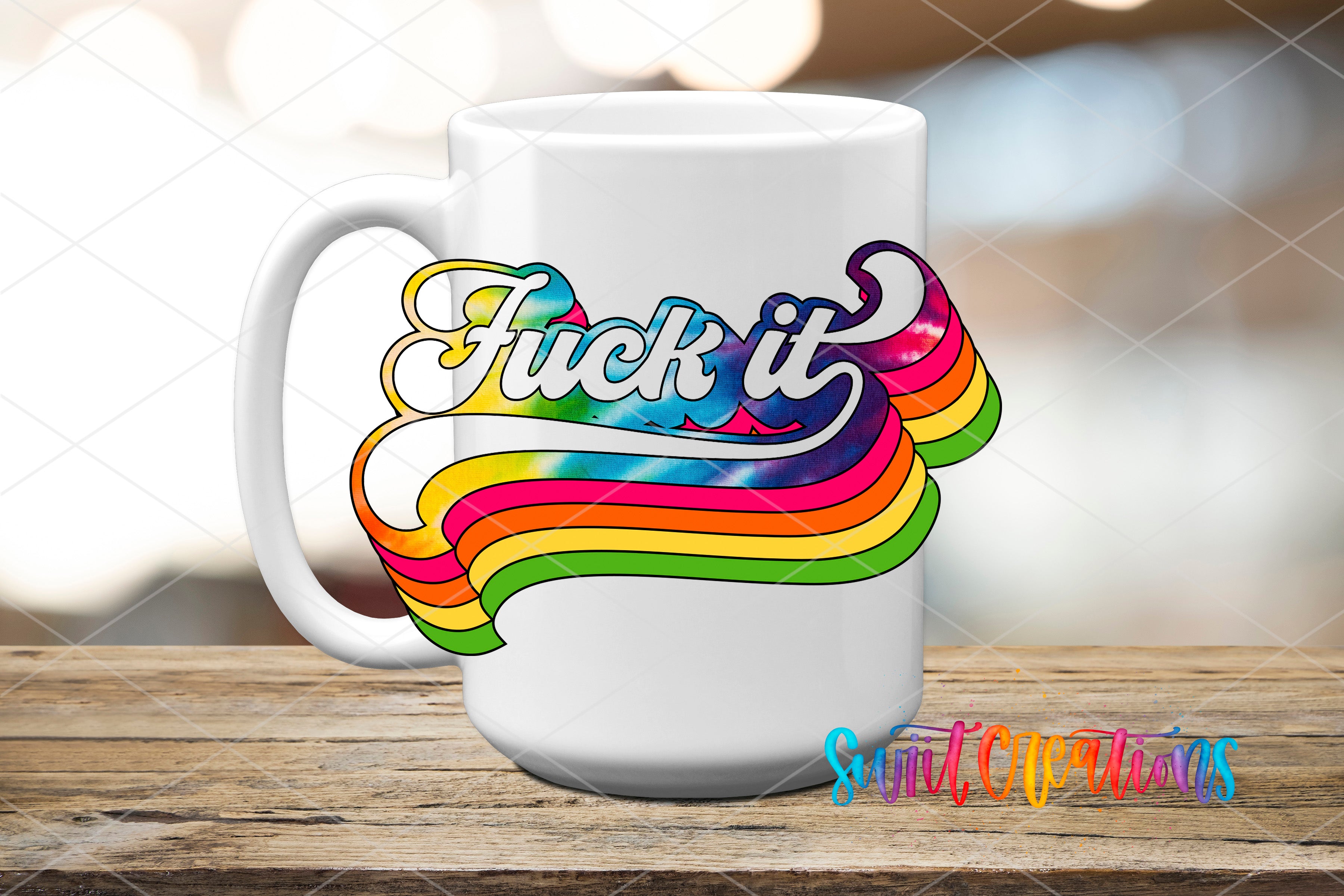 White ceramic mug mockup with the Swiit Creations Fuck It Retro Rainbow UV DTF transfer