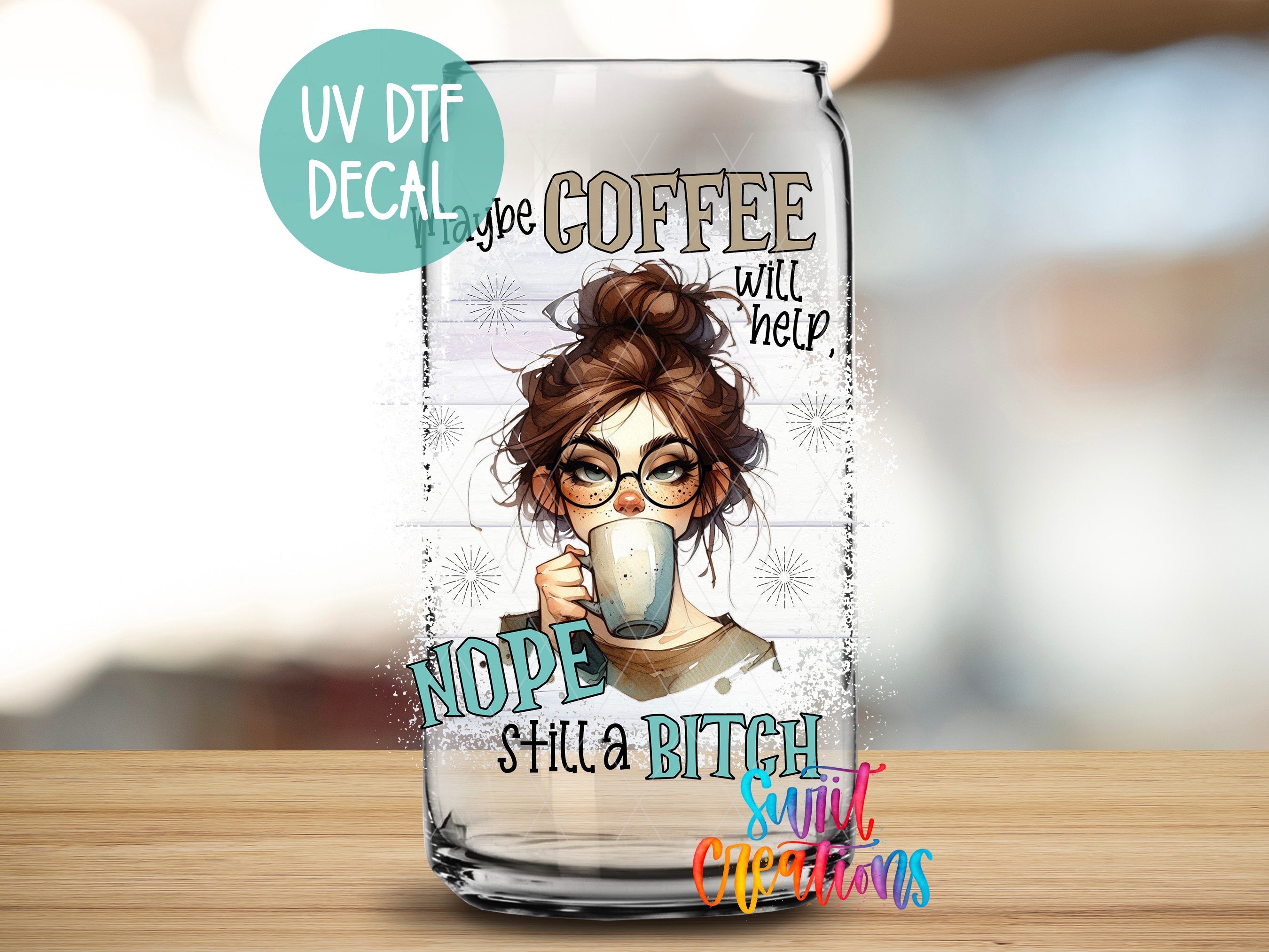 a glass with a picture of a woman holding a cup of coffee