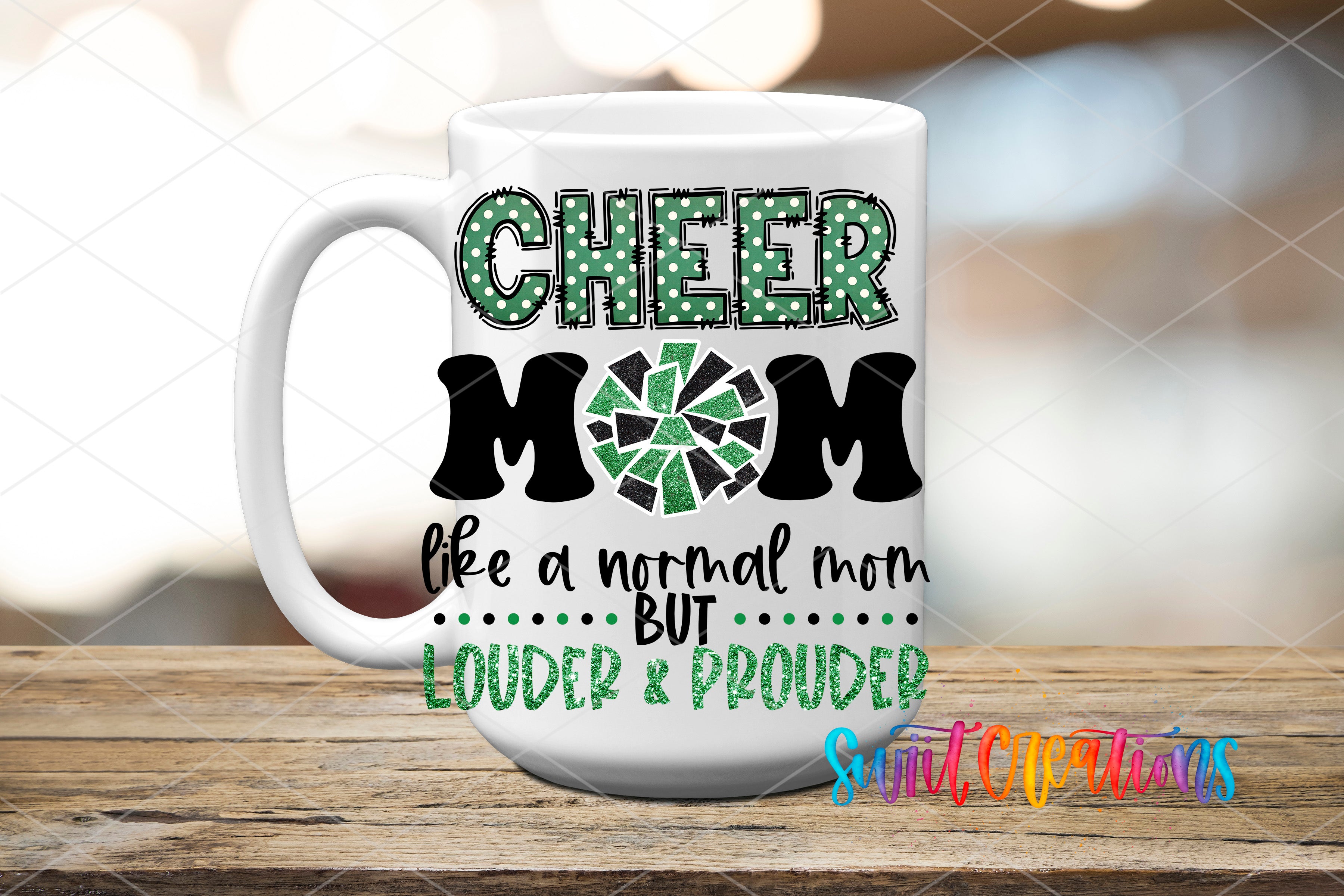 Swiit Creations UV DTF Loud Cheer Mom transfer applied to a white ceramic mug