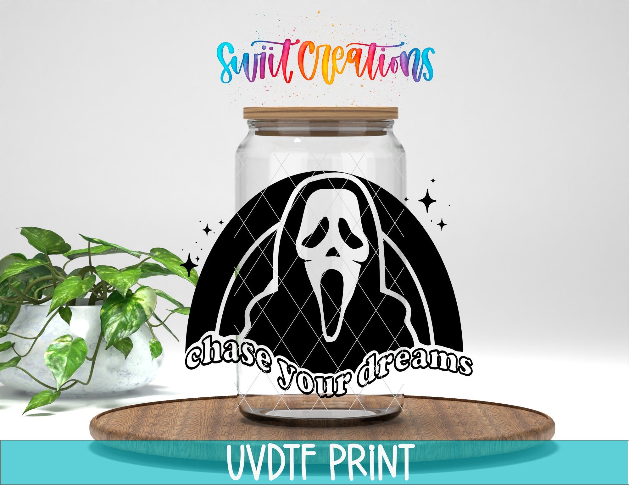 a glass jar with a sticker of a ghost on it
