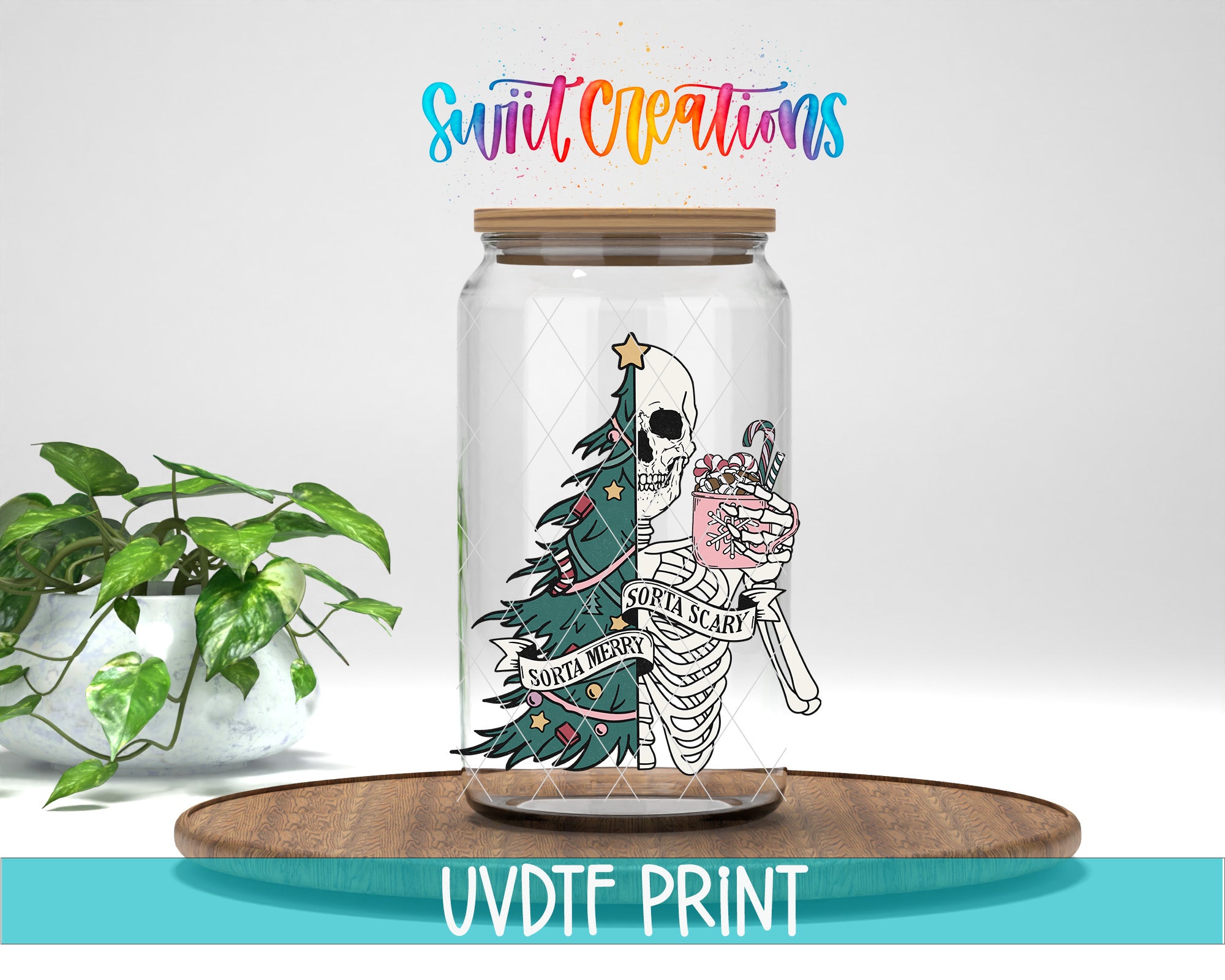 A glass jar with a skeleton holding a Christmas tree and a star on top, placed on a wooden surface.