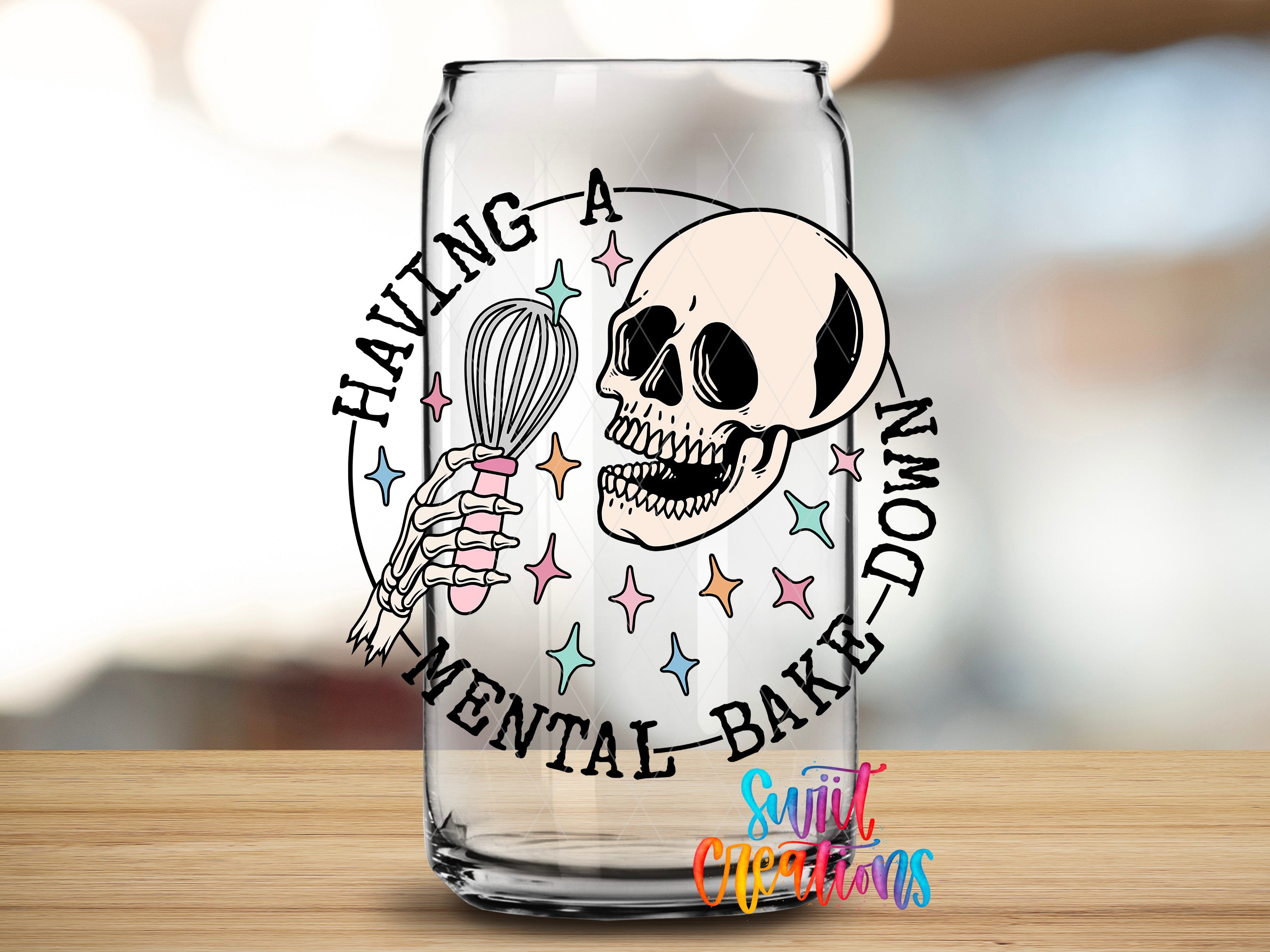 A glass can with a skull and a whisk, along with the text "Having a mental bake down" and a colorful starry background.