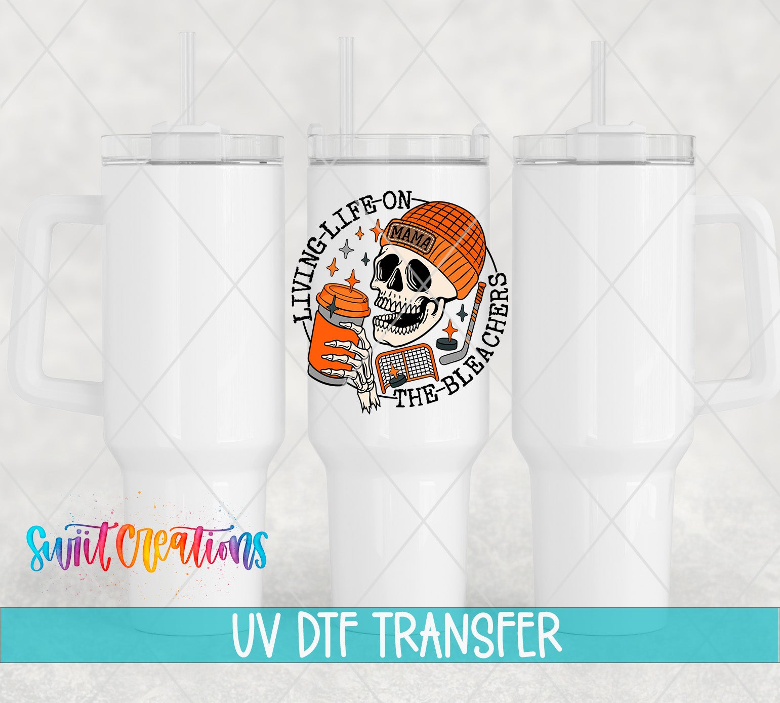 Swiit Creations UV DTF Living Life on the Bleachers Hockey transfer shown on a white tumbler set