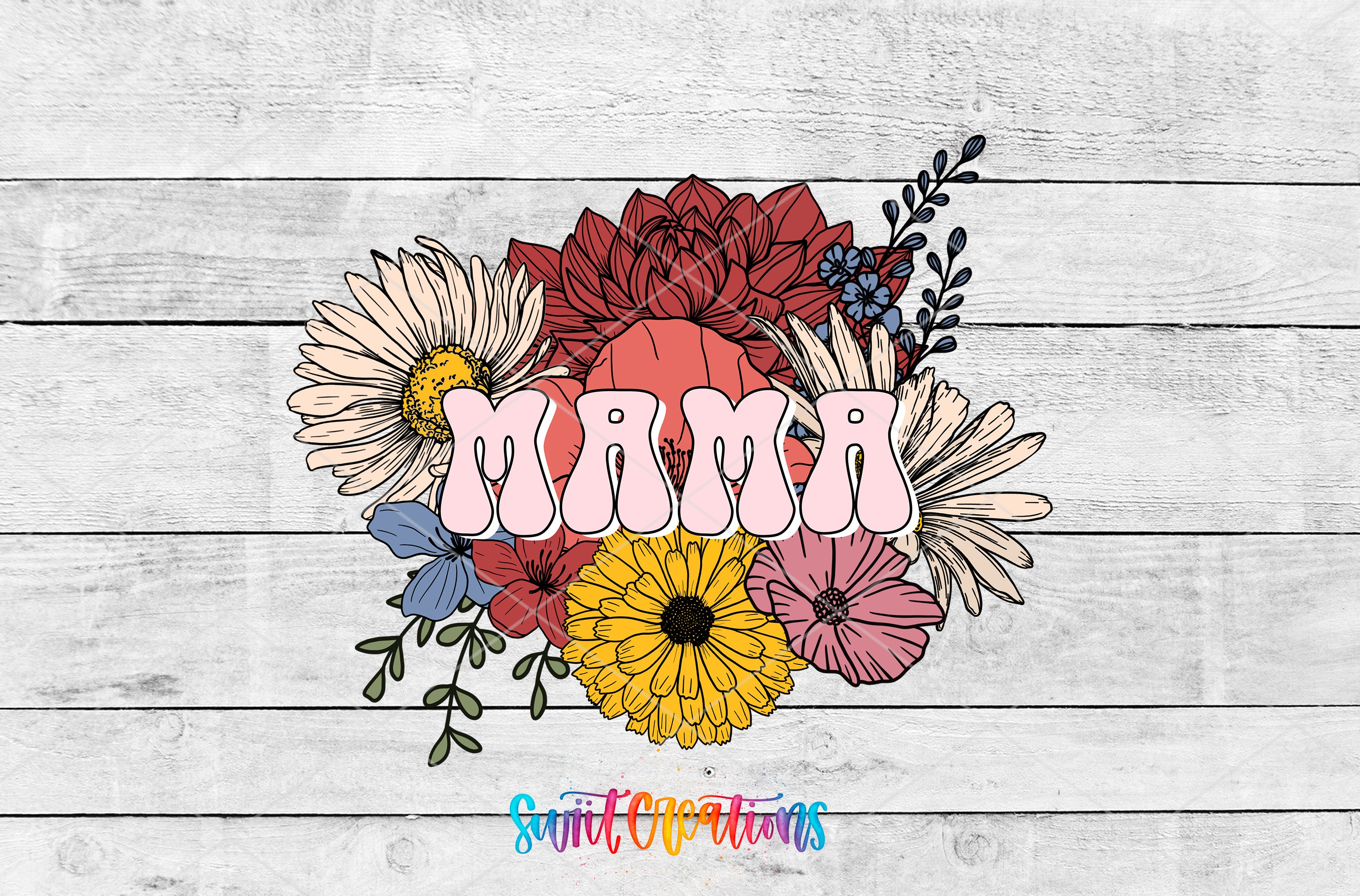 Swiit Creations UV DTF retro Mama floral transfer as a full artwork preview