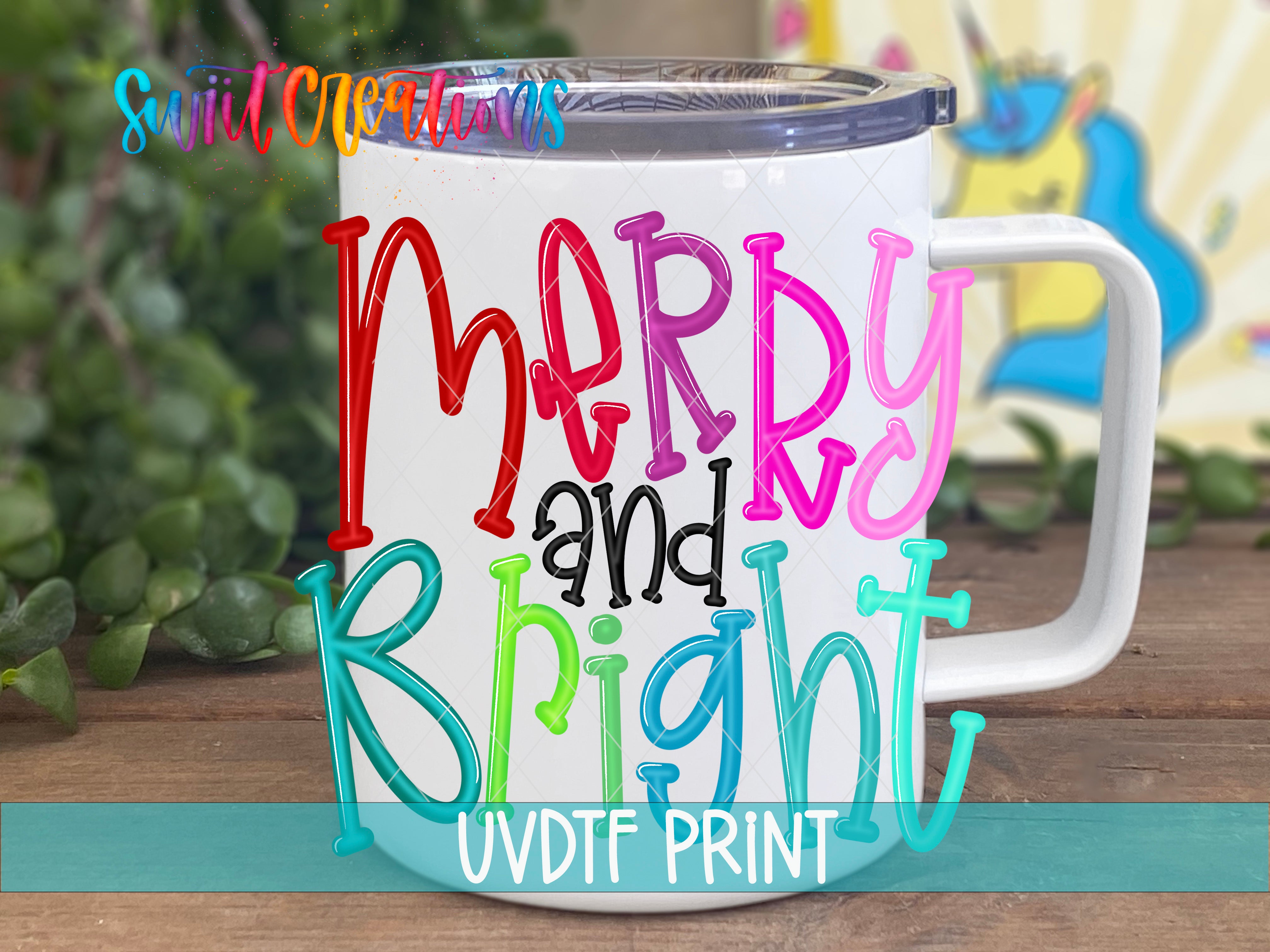 a white coffee mug with the words merry and bright painted on it
