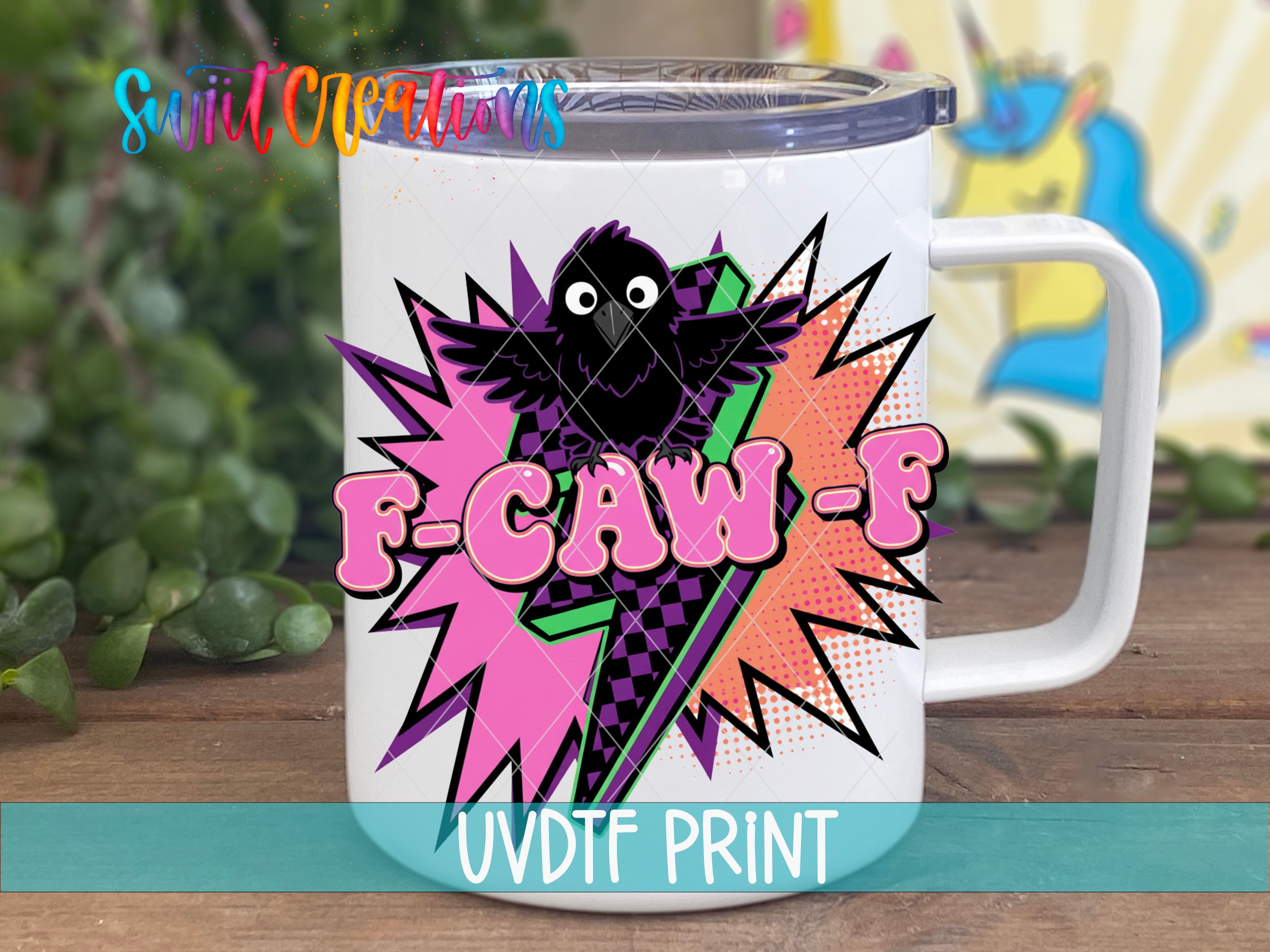 A white mug with a colorful graphic design featuring a black bird and a lightning bolt.