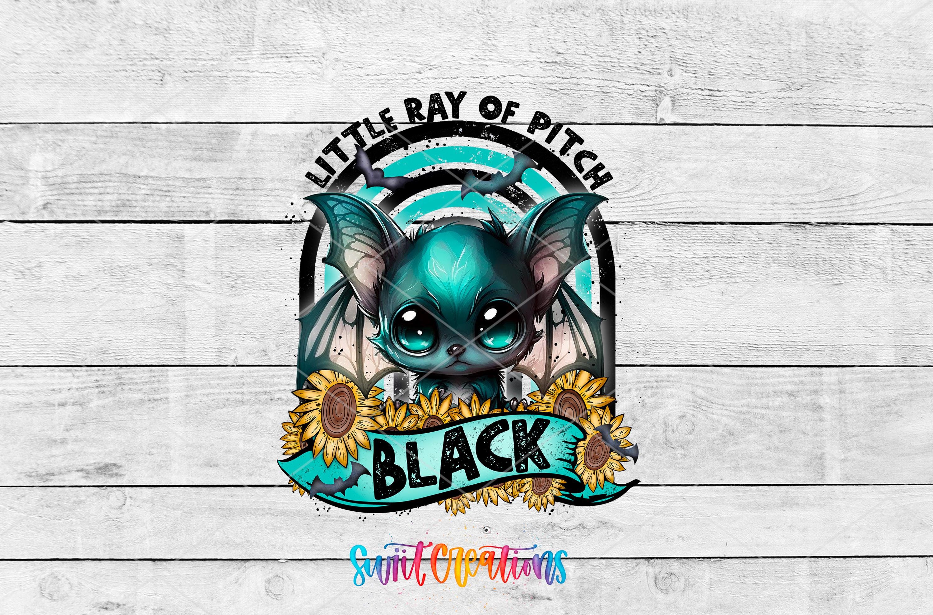 A colorful illustration of a bat with large eyes and wings, surrounded by sunflowers and the text "Little Ray of Pitch" and "Black".