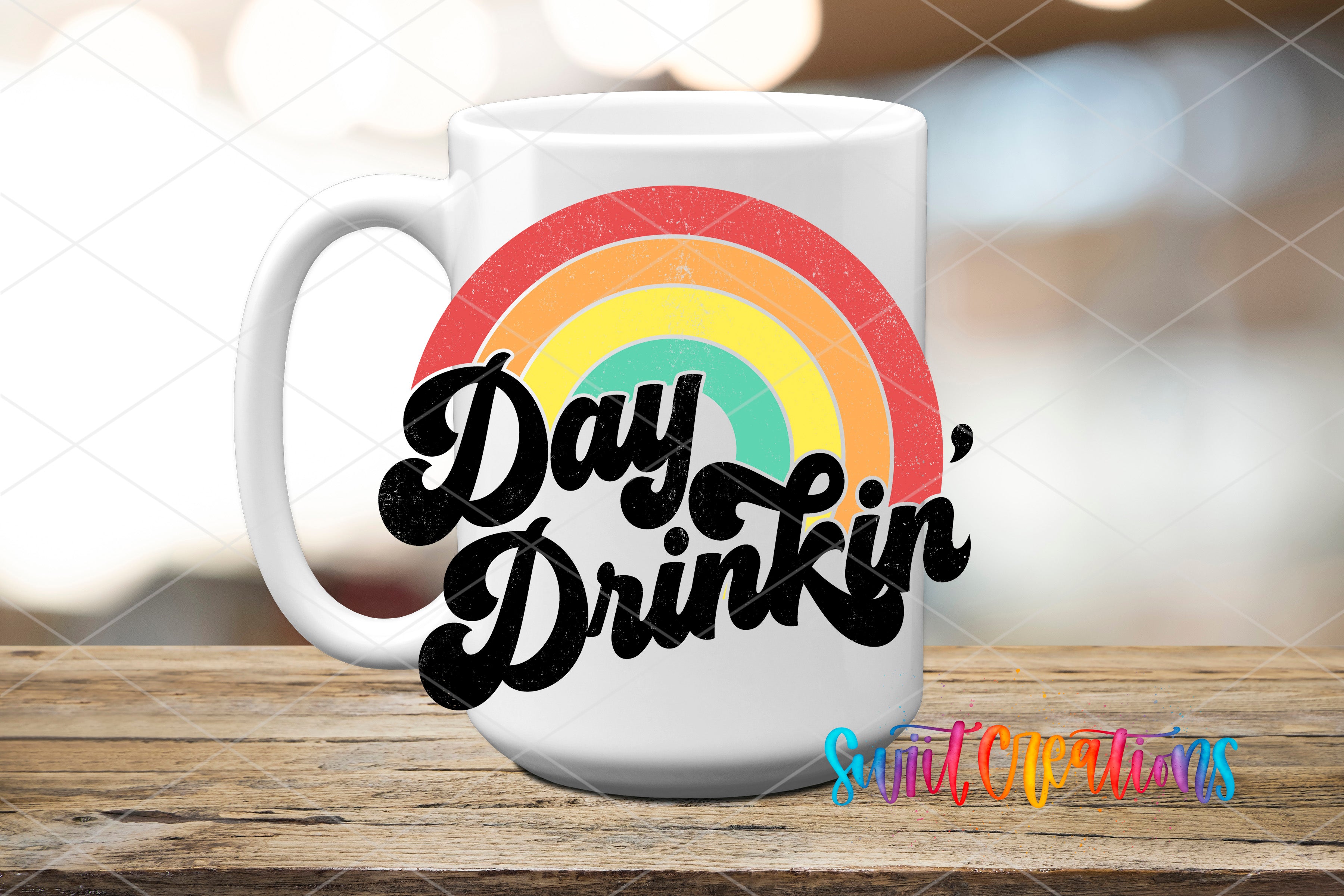 Swiit Creations UV DTF Day Drinkin' transfer applied to a white ceramic mug