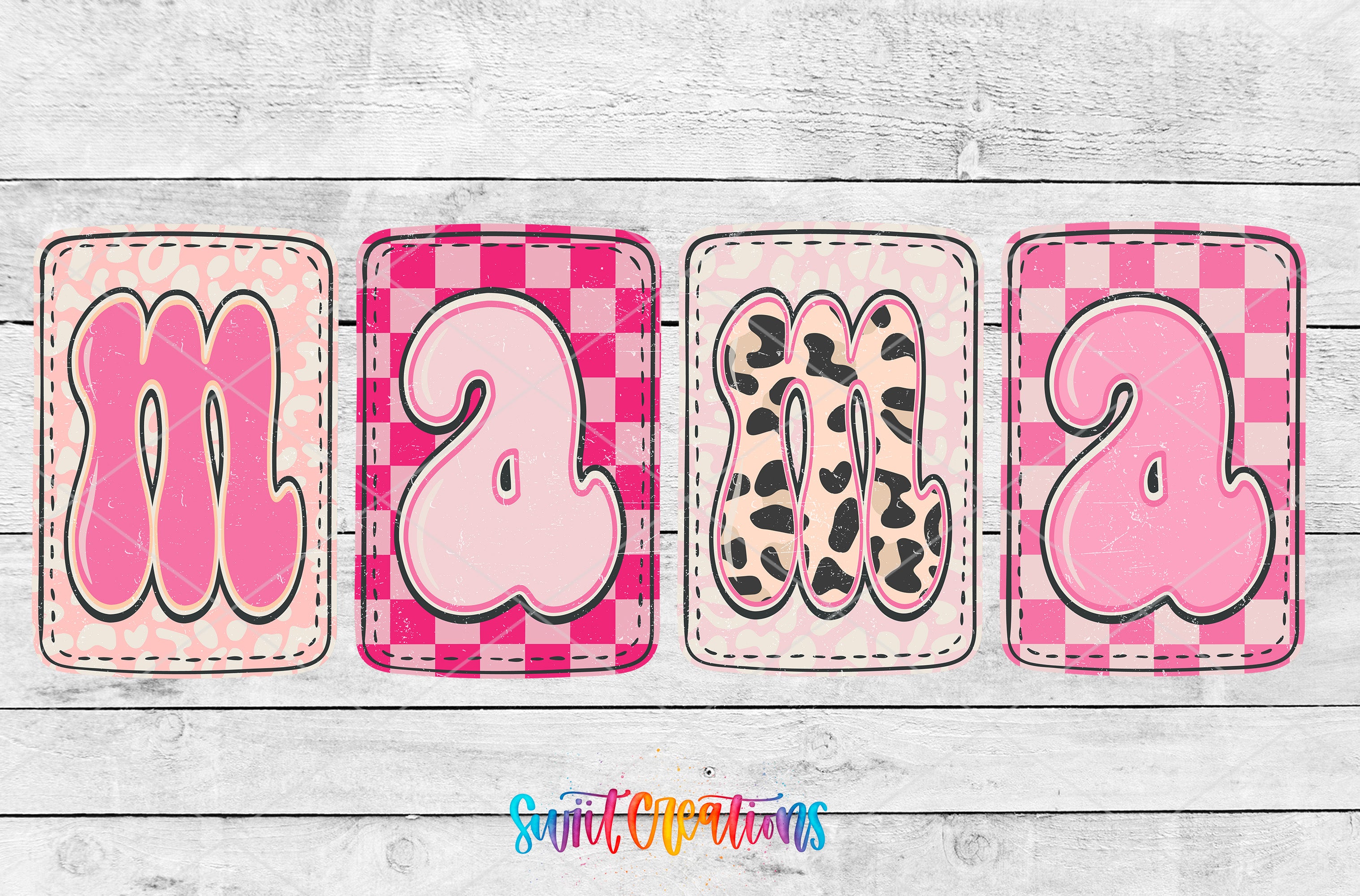 a collection of four different images, each containing the word "Mama" in a unique style. The first image has a pink and white checkered pattern, the second image has a pink and black checkered pattern, the third image has a pink and brown checkered pattern, and the fourth image has a pink and white checkered pattern.