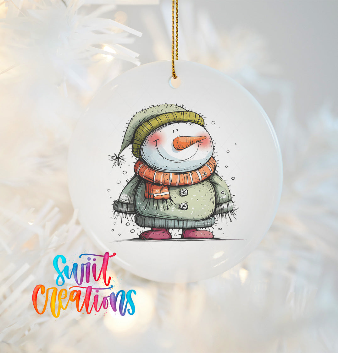 A snowman ornament with a colorful scarf and hat, standing on a snowy surface.