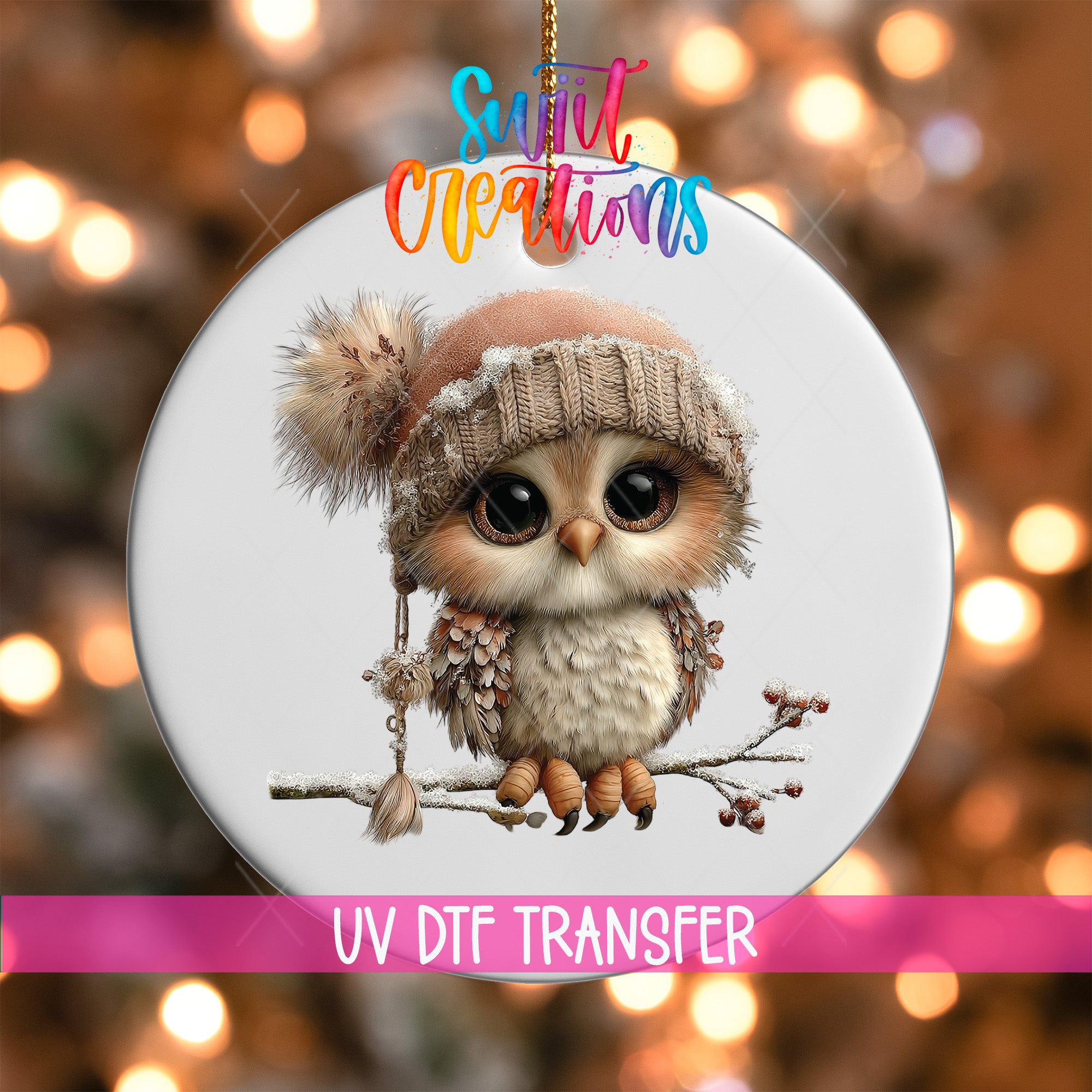 A ceramic ornament featuring a cute owl wearing a knit hat and sitting on a branch.
