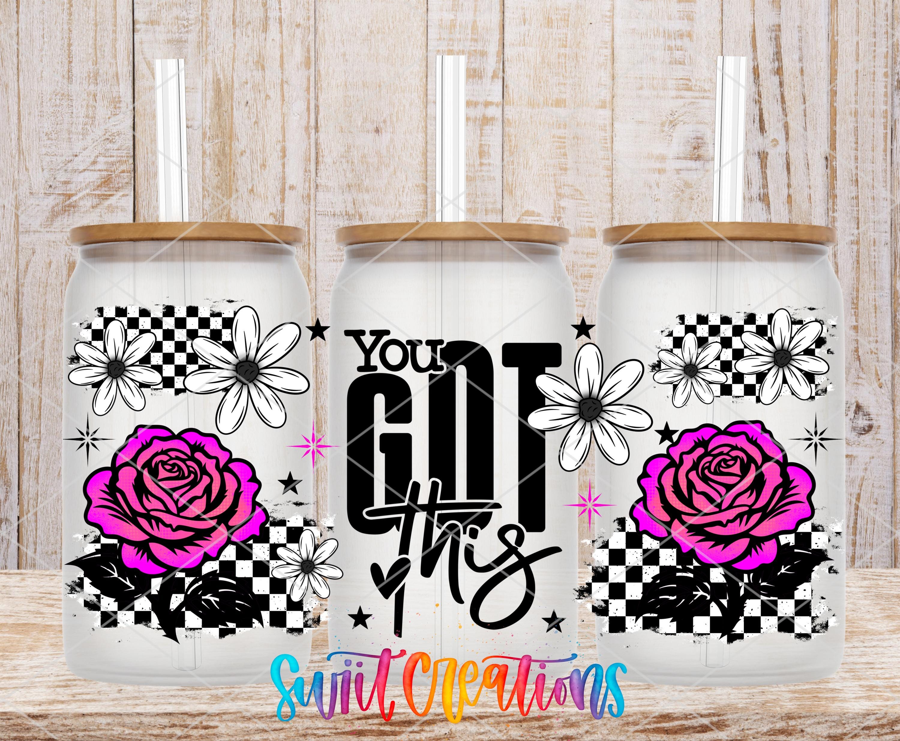 three glass tumblers with floral designs and the text "You Got This" printed on them.