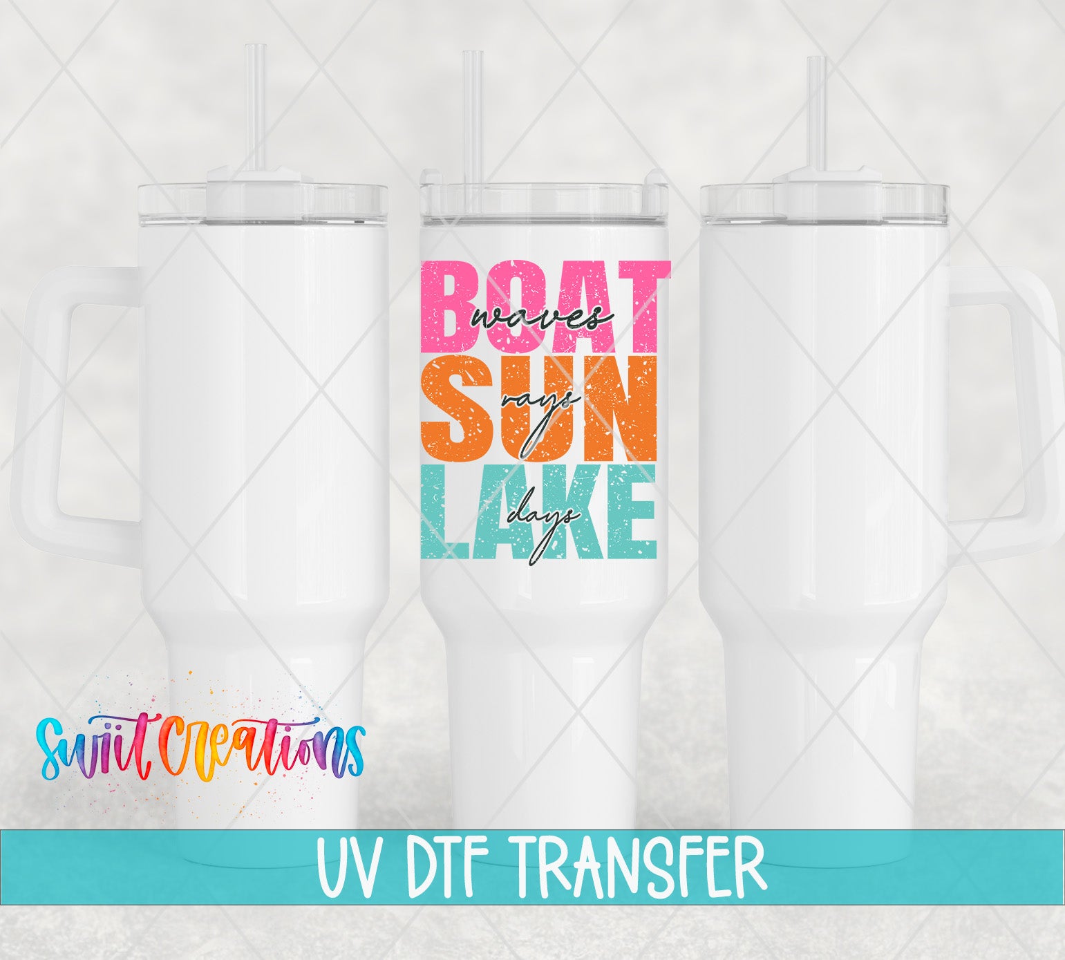 Swiit Creations UV DTF Boat Wave Sun Rays Lake Days transfer shown on a white tumbler set