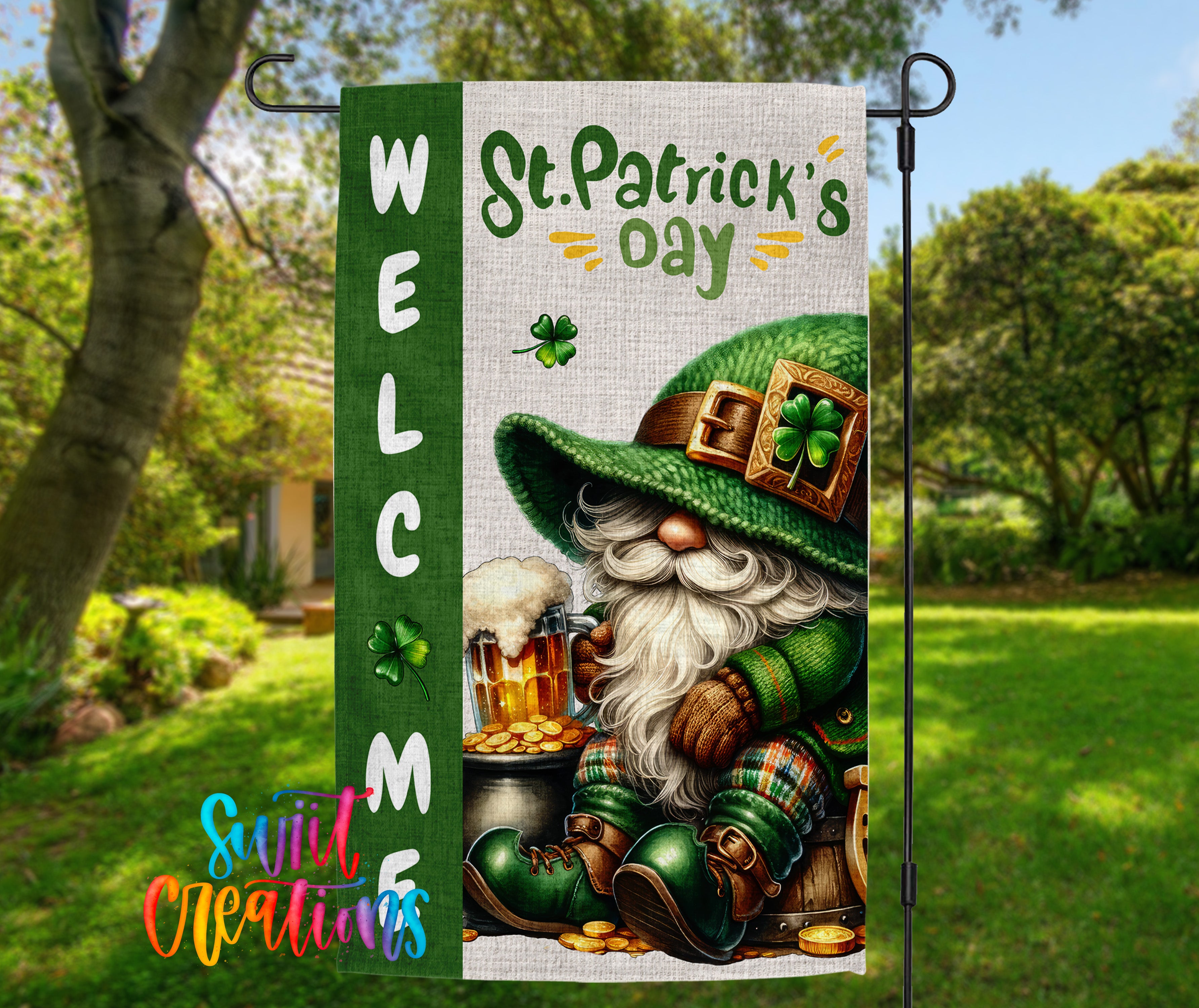 A colorful welcome sign featuring a cartoon image of St. Patrick's Day-themed gnome holding a pot of gold coins and a shamrock.