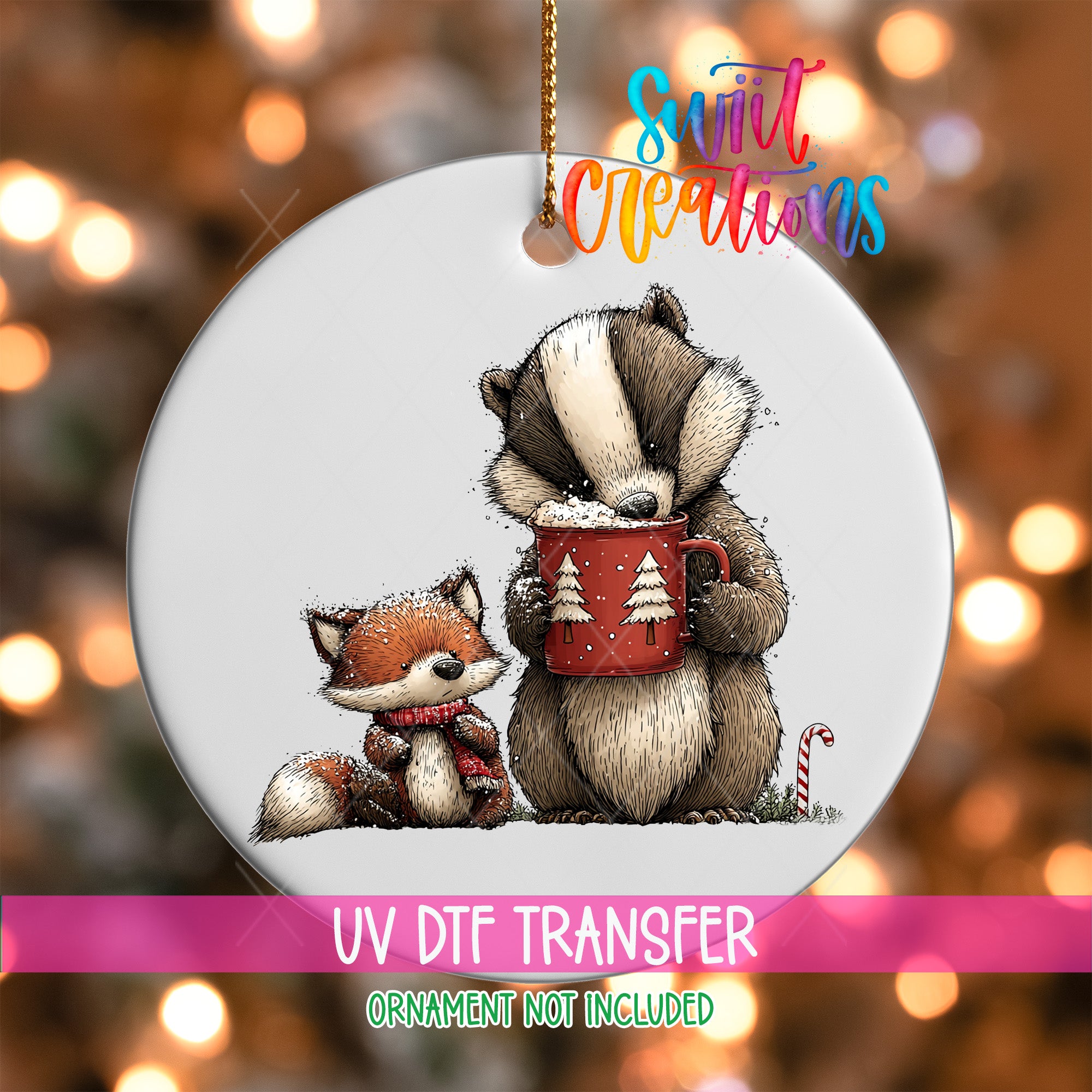 A ceramic ornament featuring a cartoon illustration of a badger and a fox, with the badger holding a mug of hot chocolate.