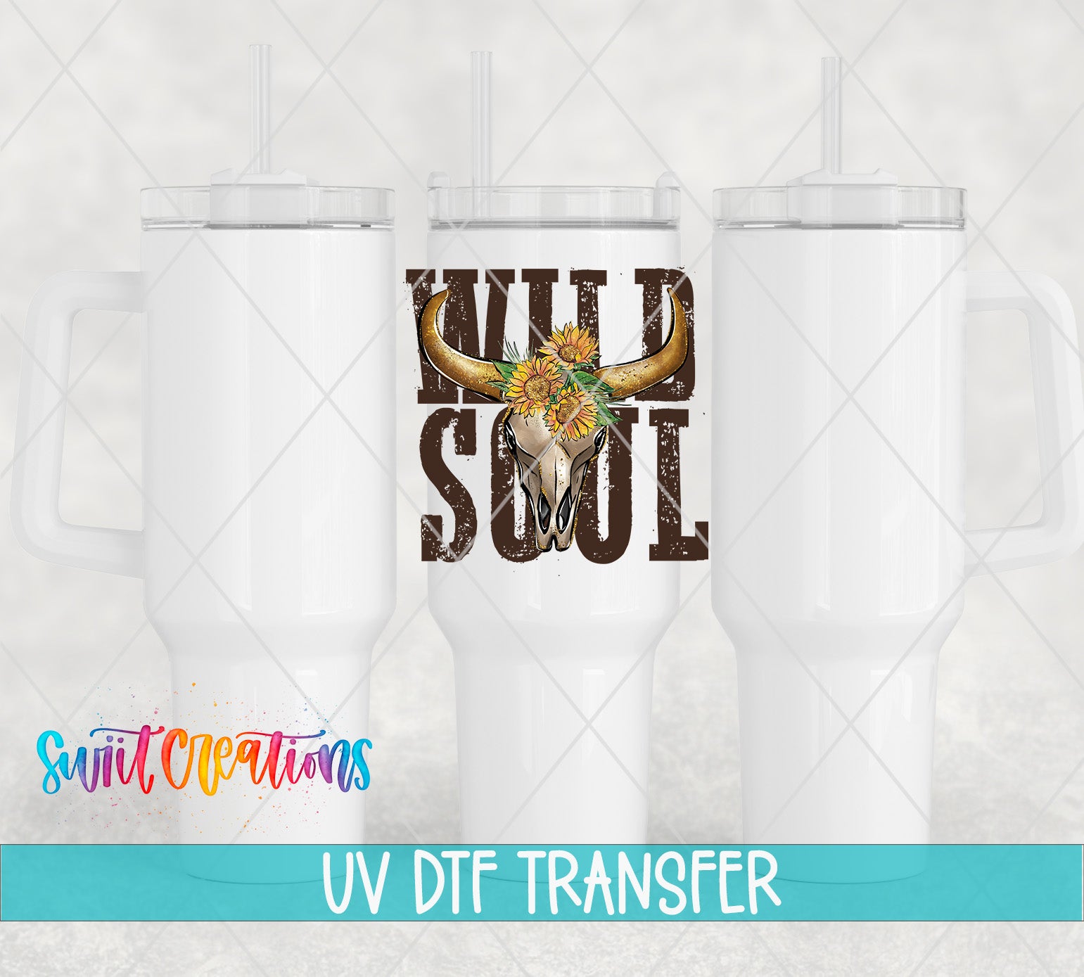 Swiit Creations UV DTF Wild Soul Country transfer shown on a white tumbler set