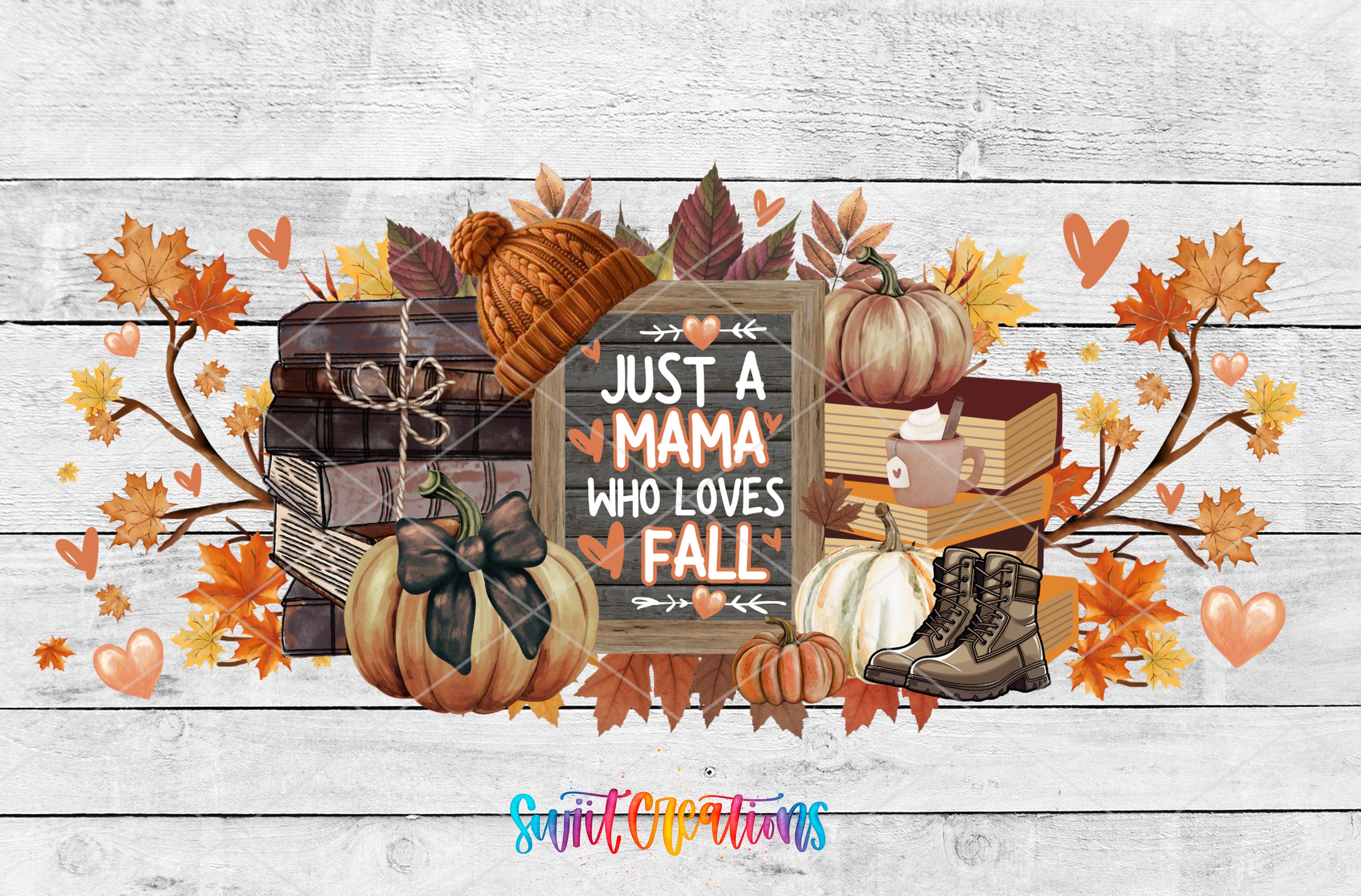The image is a collage of various fall-themed items, including pumpkins, books, a sign, and a tree branch, all set against a white wooden background.