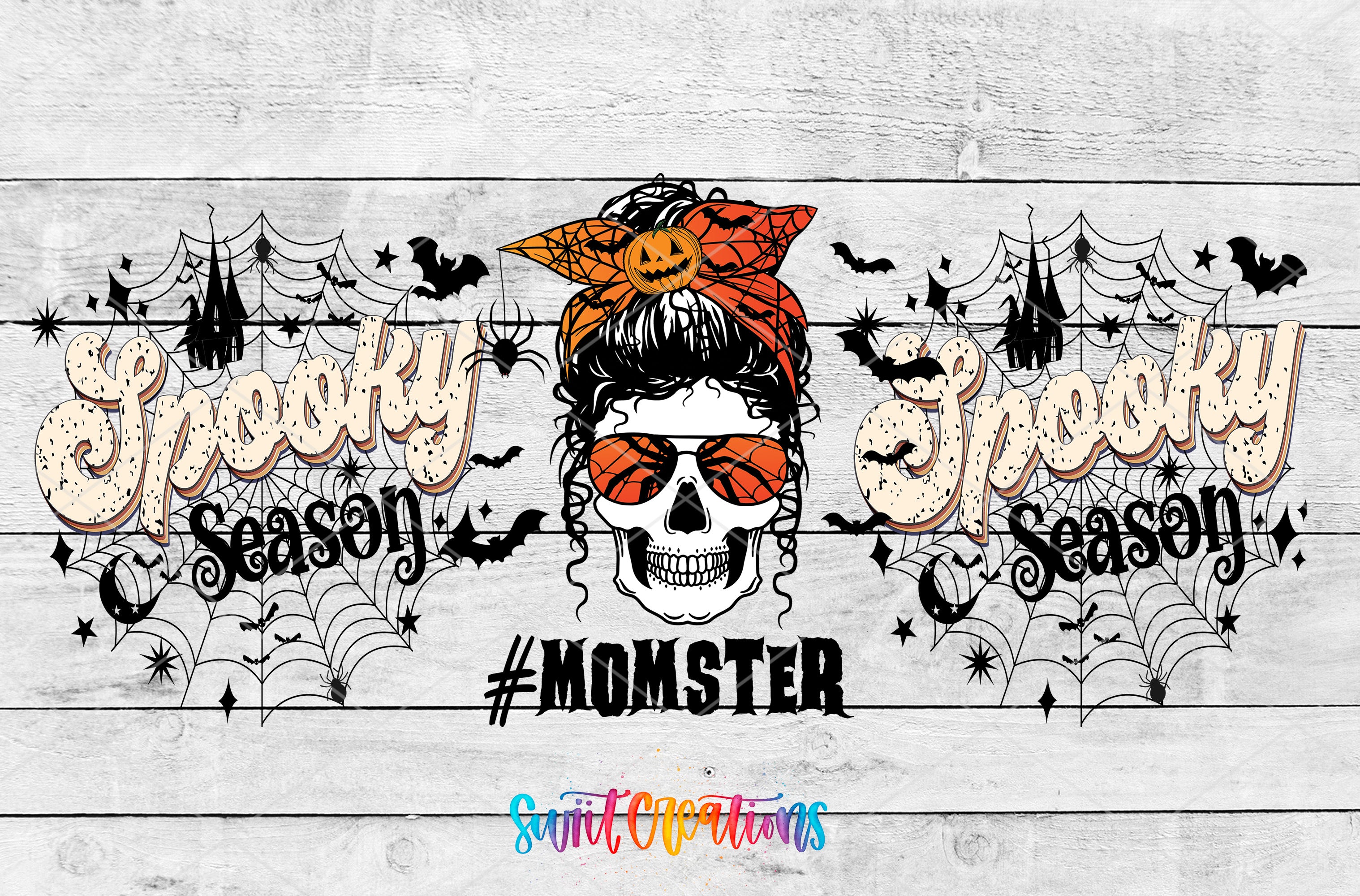 a skull wearing sunglasses and a headband with a jack-o-lantern, surrounded by Halloween-themed elements such as bats, spiderwebs, and a spider. The text "Spooky Season #MOMSTER" is displayed prominently in the center, and the phrase "SpiritCreations" is written at the bottom.