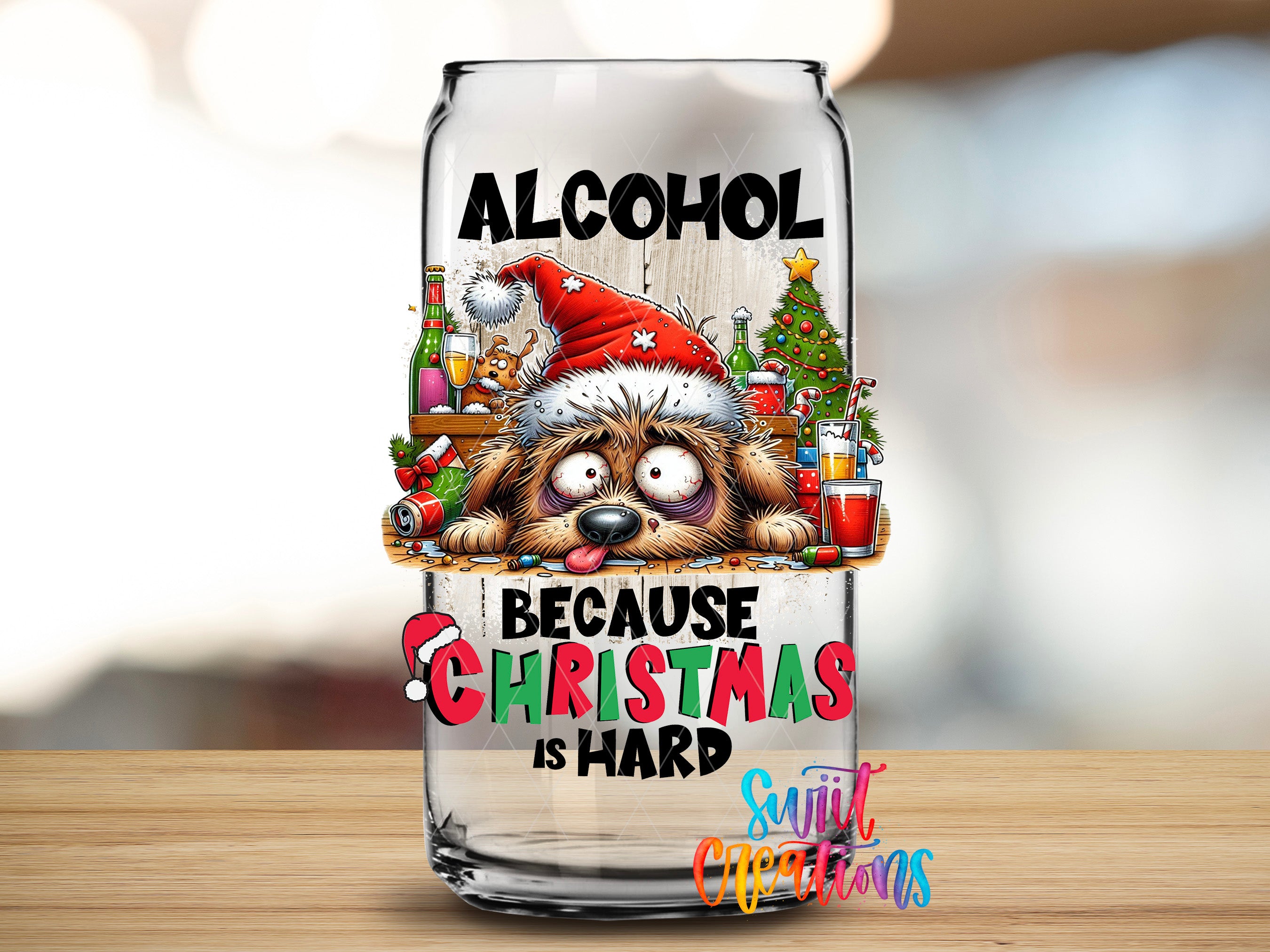 A glass can with a humorous Christmas-themed design featuring a dog wearing a Santa hat and surrounded by Christmas decorations.