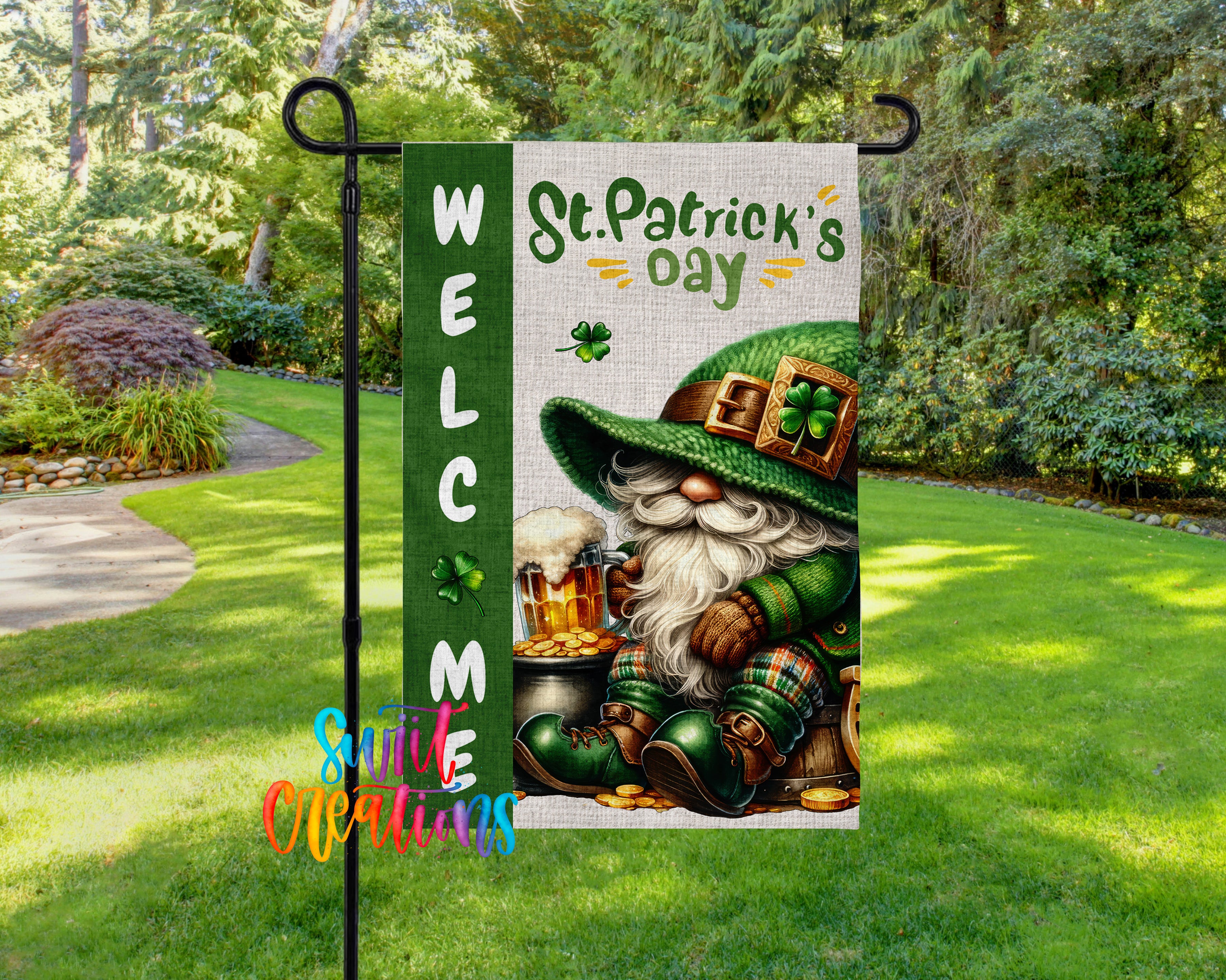 A banner with a cartoon image of a gnome wearing a green hat and holding a pot of gold coins, with the text "Welcome St. Patrick's day" and "Spirit Occasions" written on it.