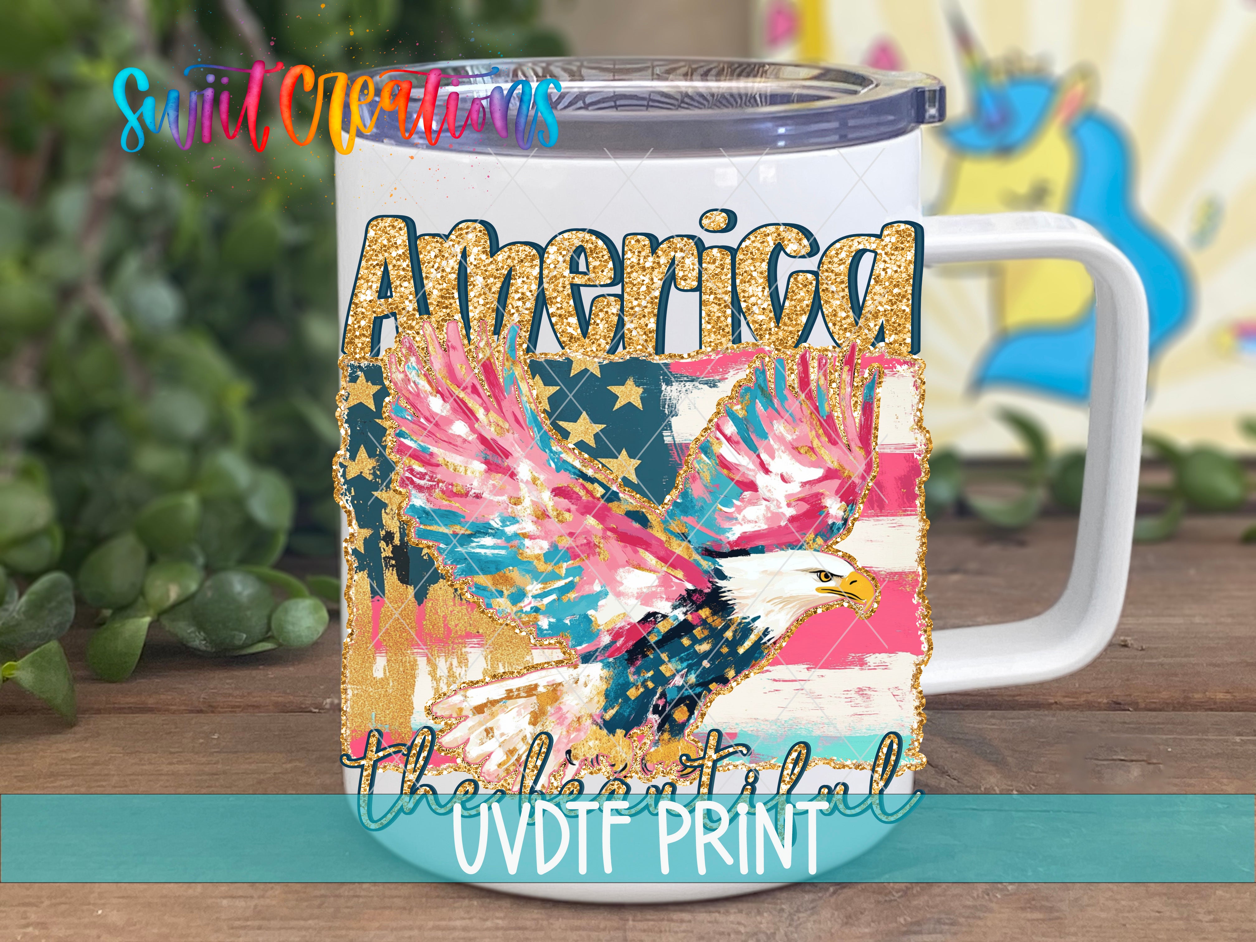 A white mug with a colorful design featuring an eagle and an American flag, along with the text "America" and "UVDF PRINT".