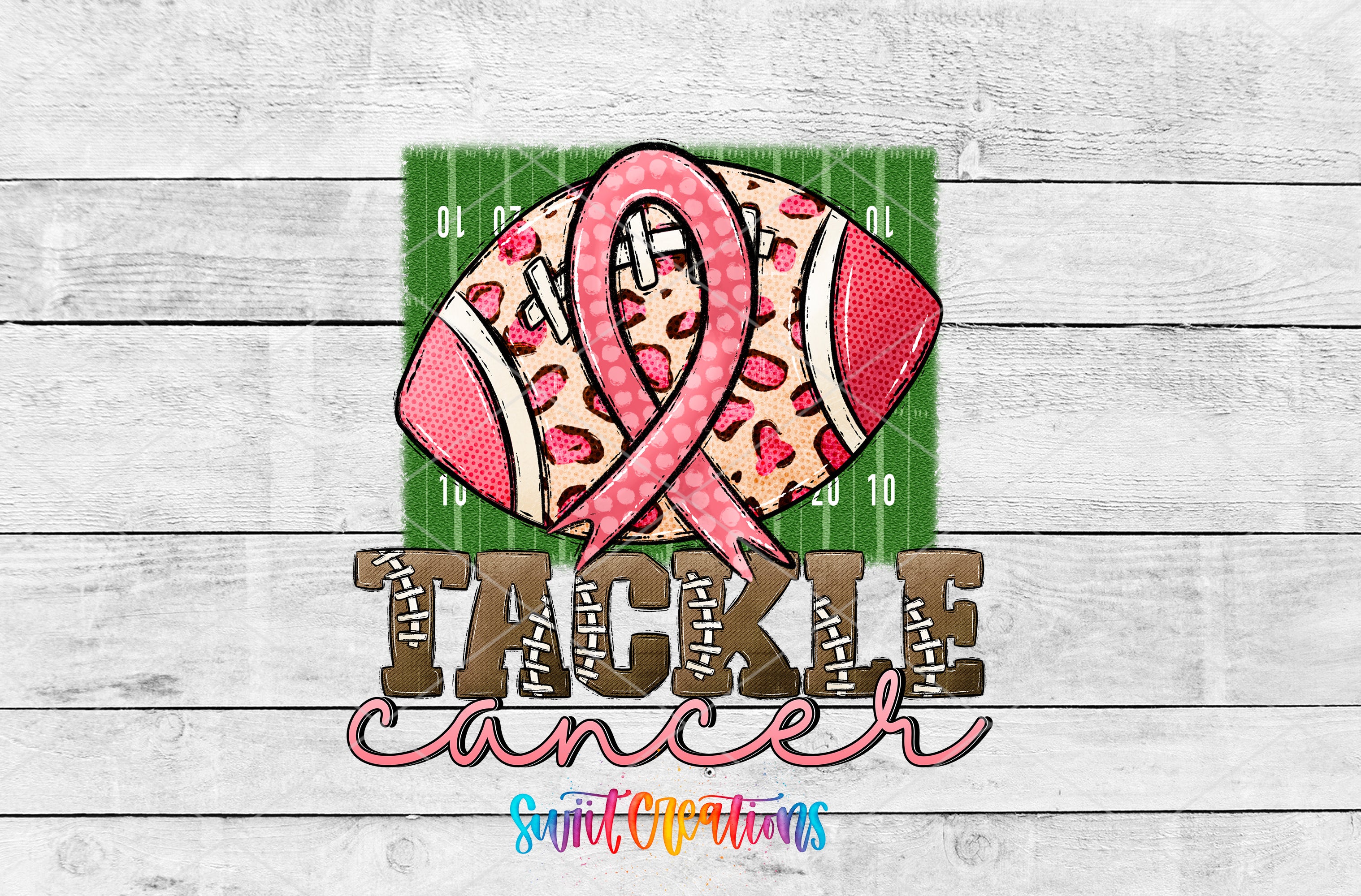 a football with a pink ribbon on it, representing breast cancer awareness. The text "TACKLE CANCER" is prominently displayed below the football, emphasizing the message of the image.