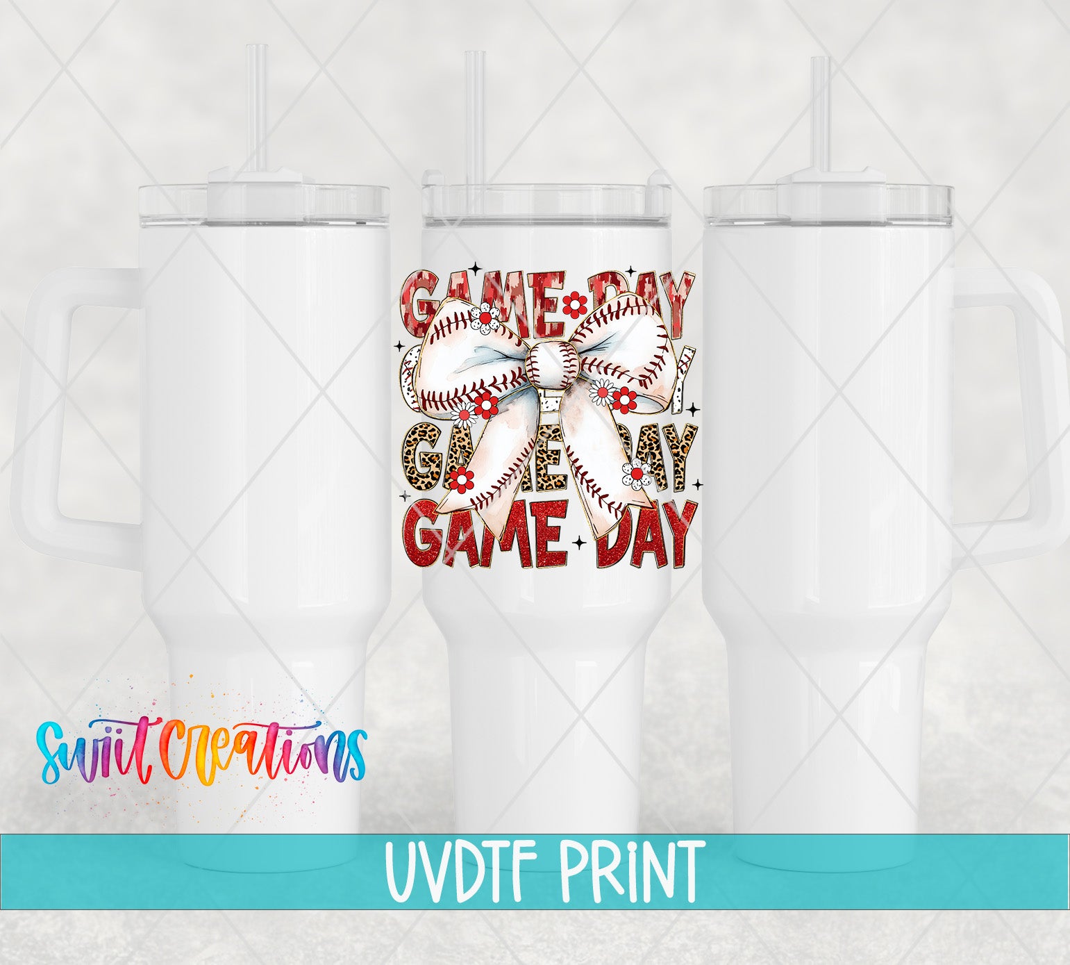 three white tumblers with a baseball-themed design printed on them.