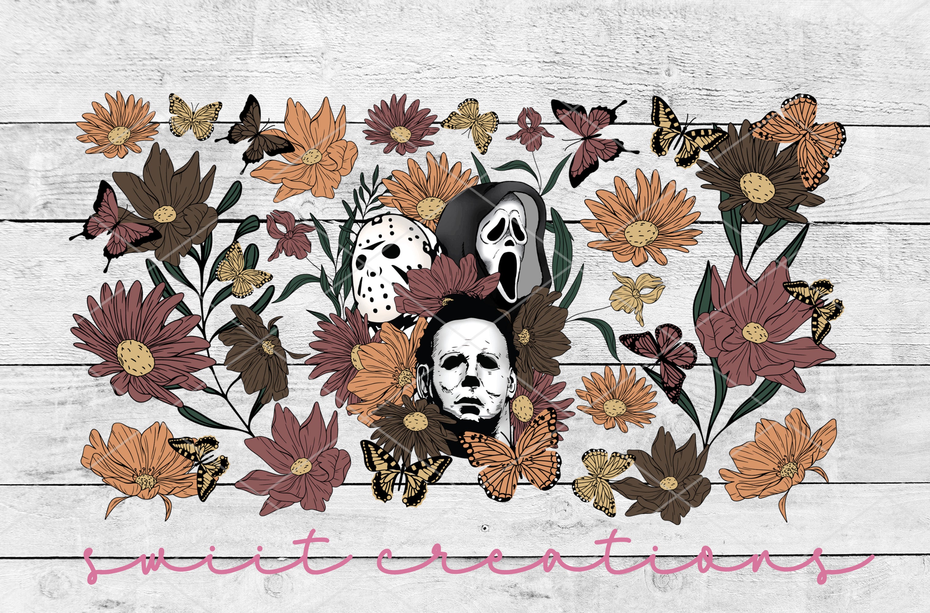 a picture of a skull surrounded by flowers and butterflies