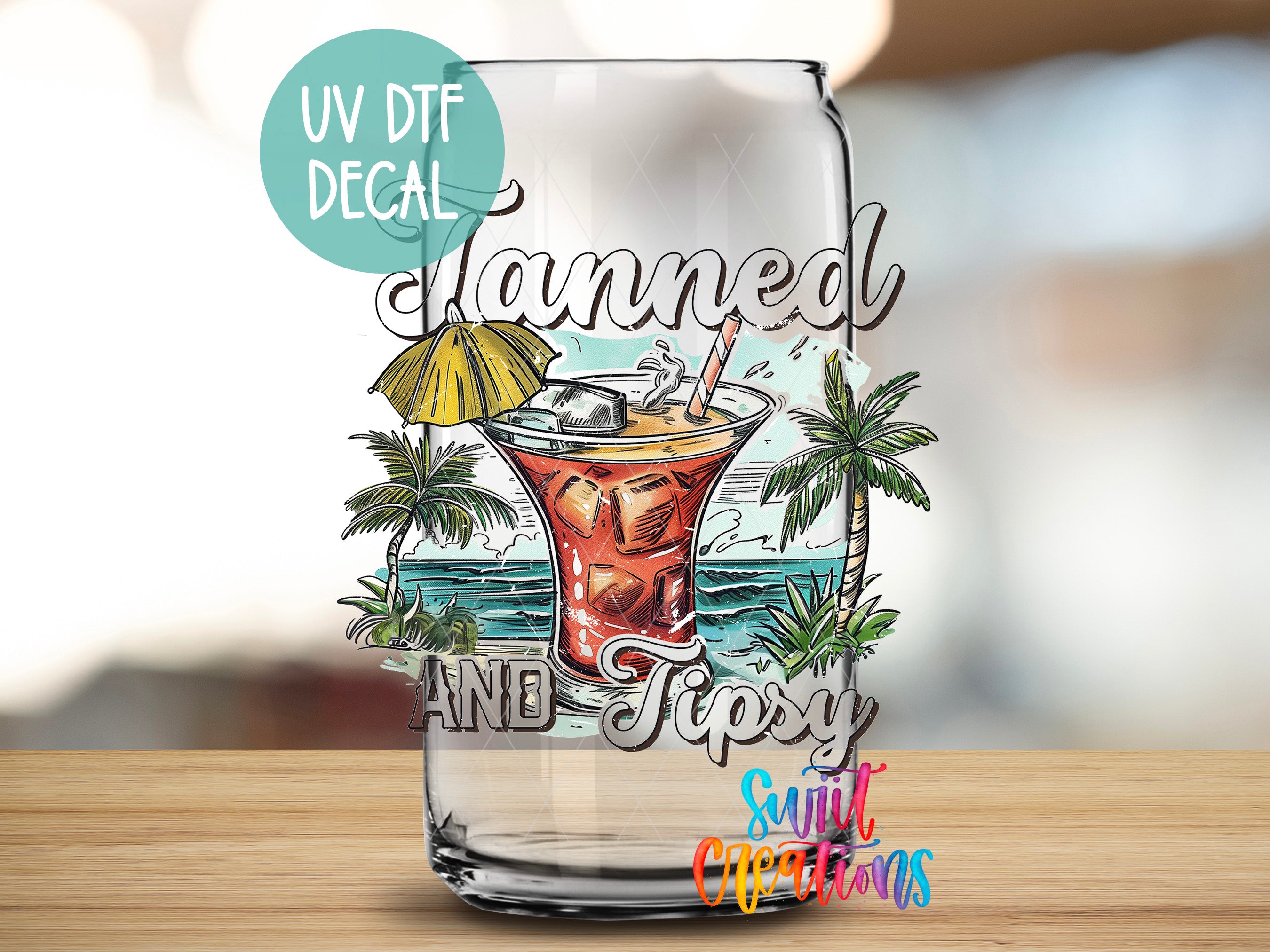 a glass with a picture of a drink on it