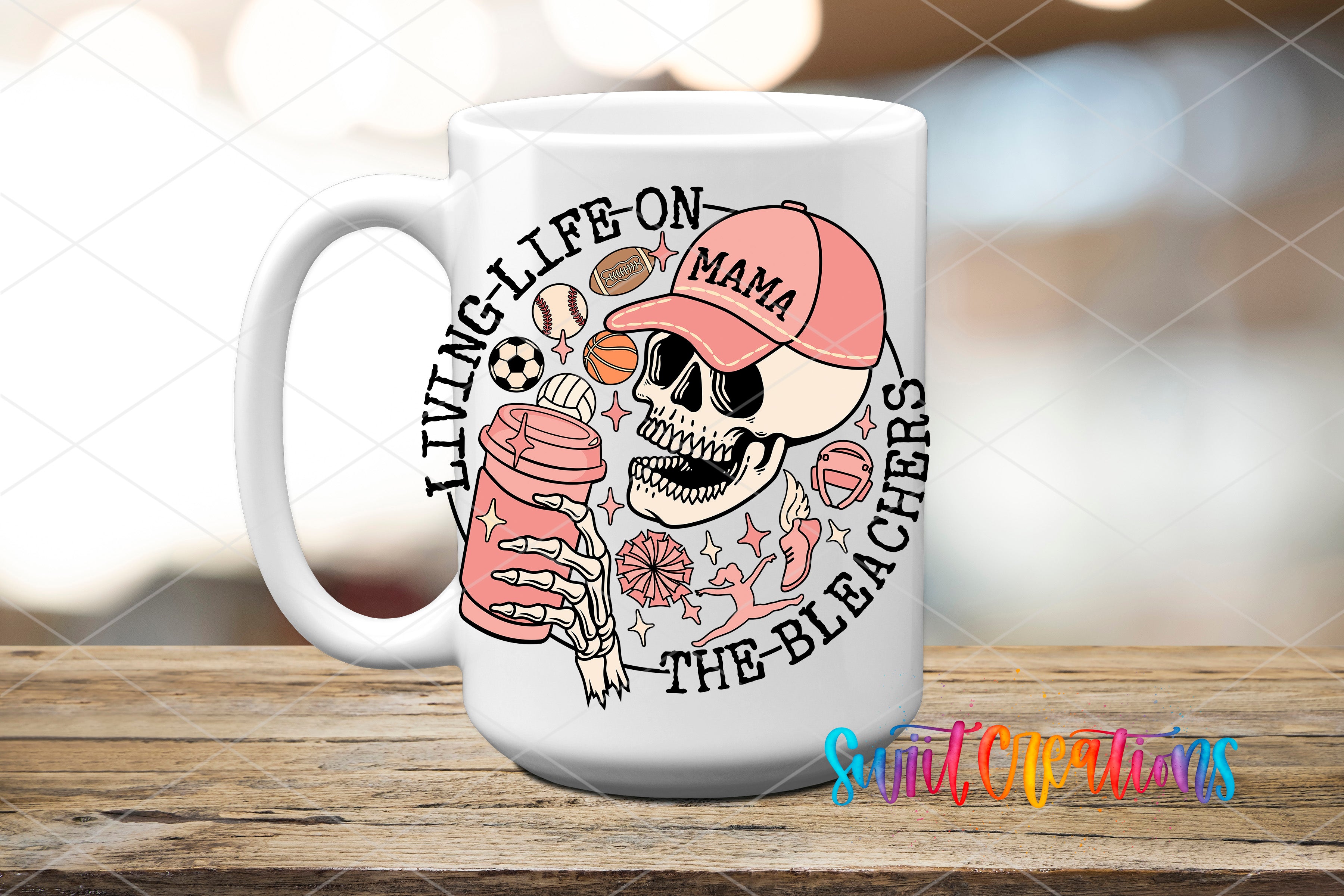 Swiit Creations UV DTF Living Life on the Bleachers transfer applied to a white ceramic mug