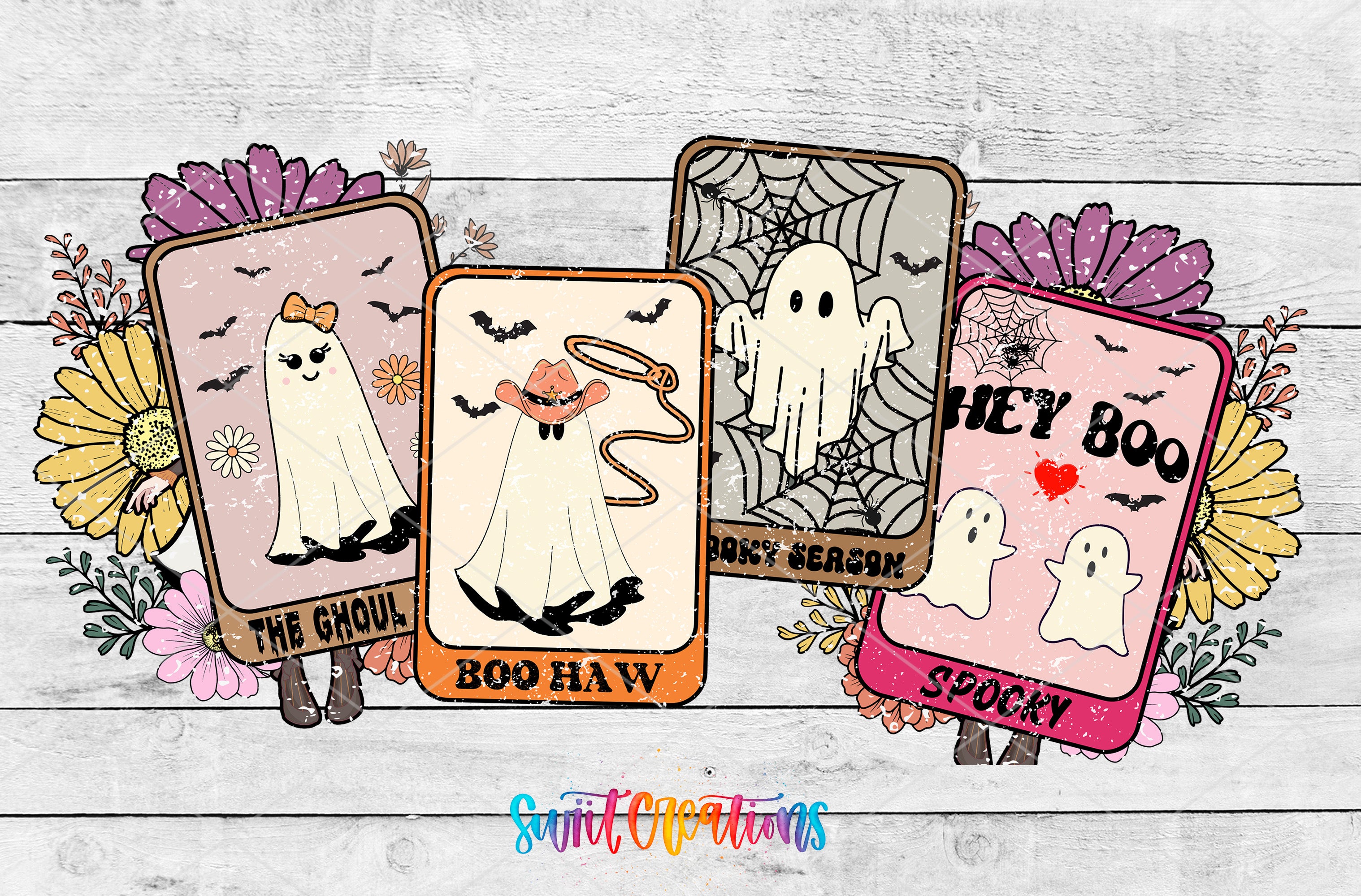 The image is a collage of four Halloween-themed illustrations, each featuring a ghost with a unique personality and a spooky or humorous caption.