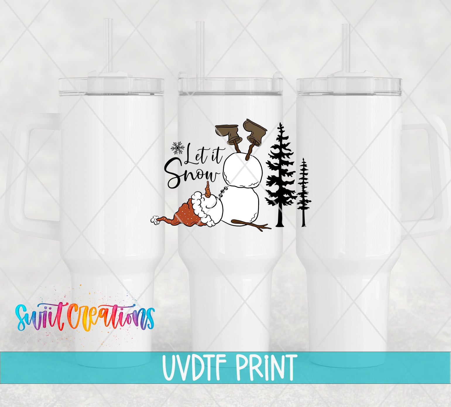 a white tumbler with a snowman and pine trees printed on it, along with the text "Let it Snow" and the company name "Swit Productions" printed below.