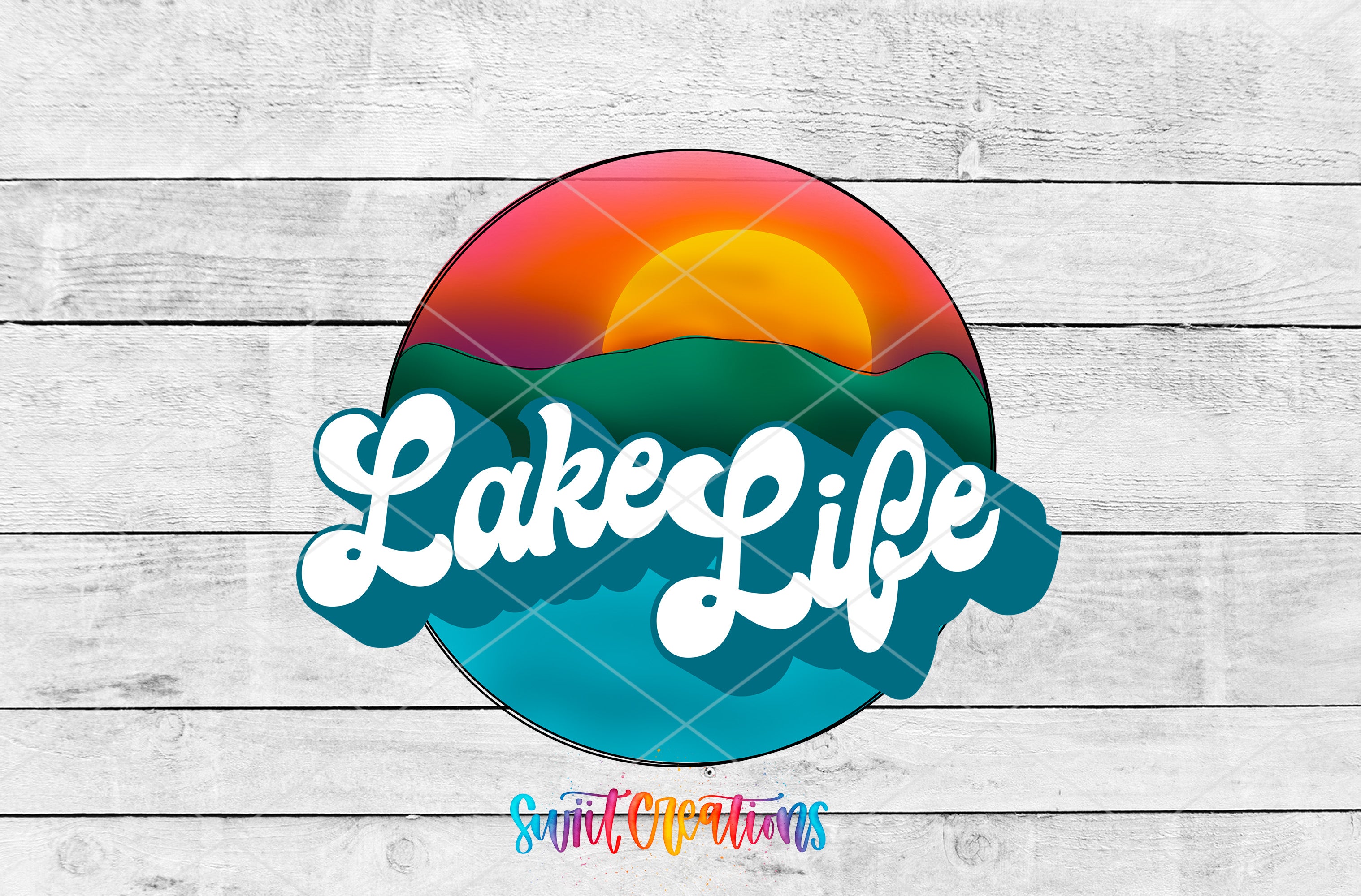Swiit Creations UV DTF Lake Life retro sunset transfer as a full artwork preview
