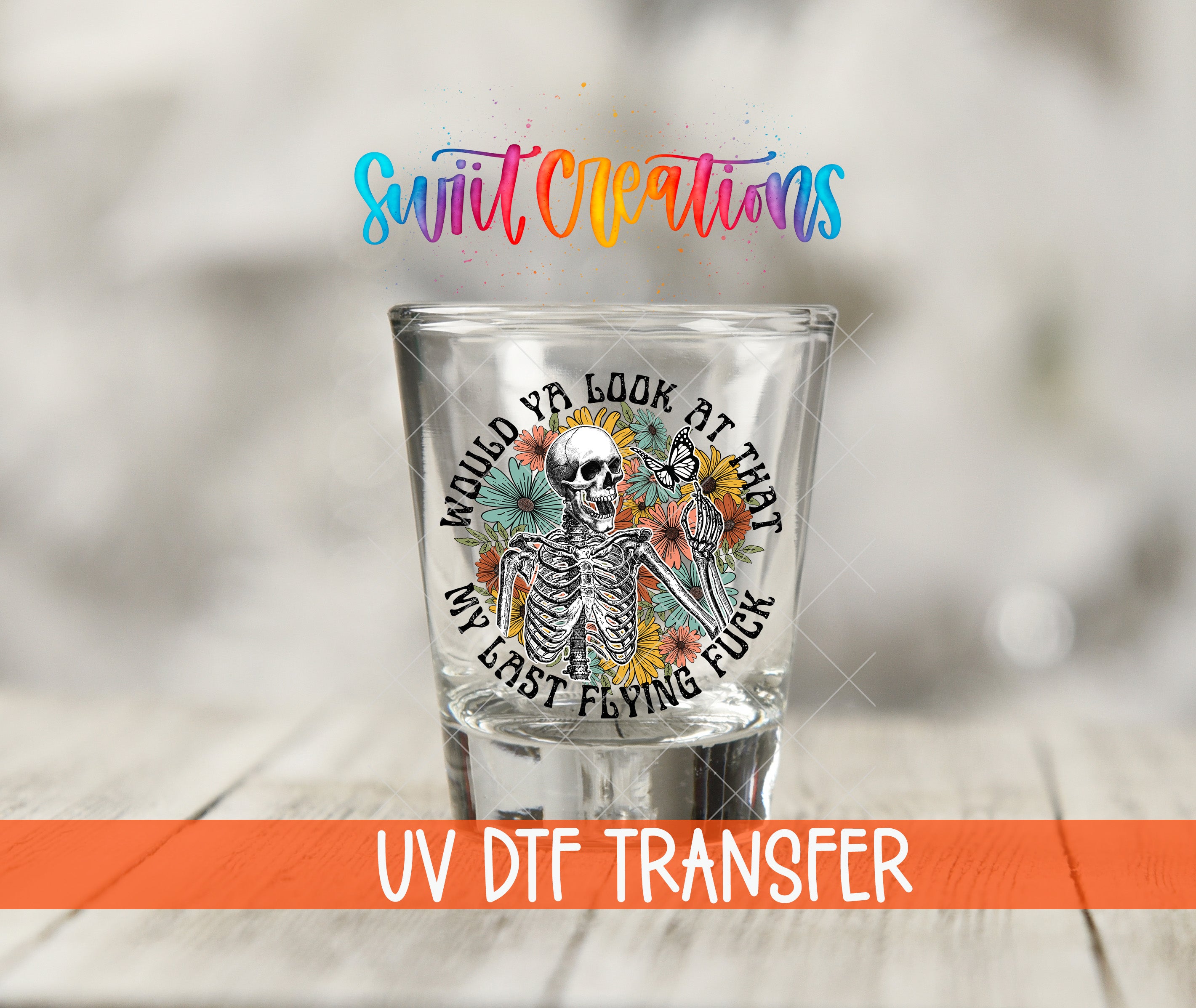 A shot glass with a skeleton design and text, along with a colorful logo and text overlay.