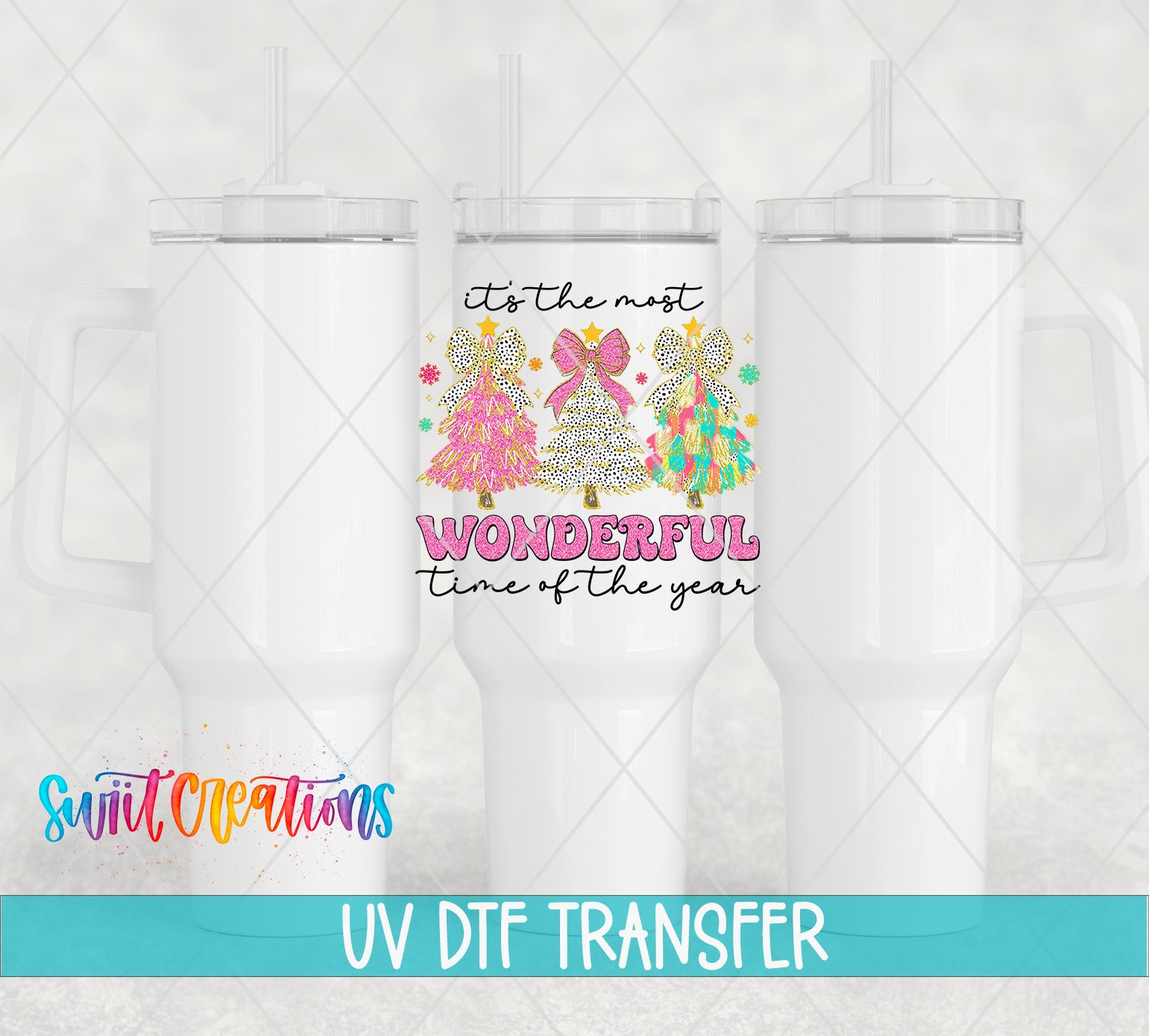 Swiit Creations UV DTF Tis the Season Christmas transfer shown on a white tumbler set