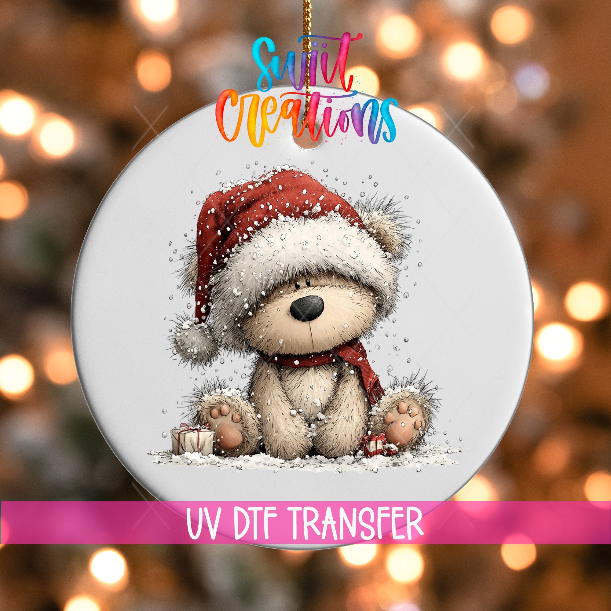 A white ornament with a teddy bear wearing a red Santa hat and scarf, sitting on a snowy surface.