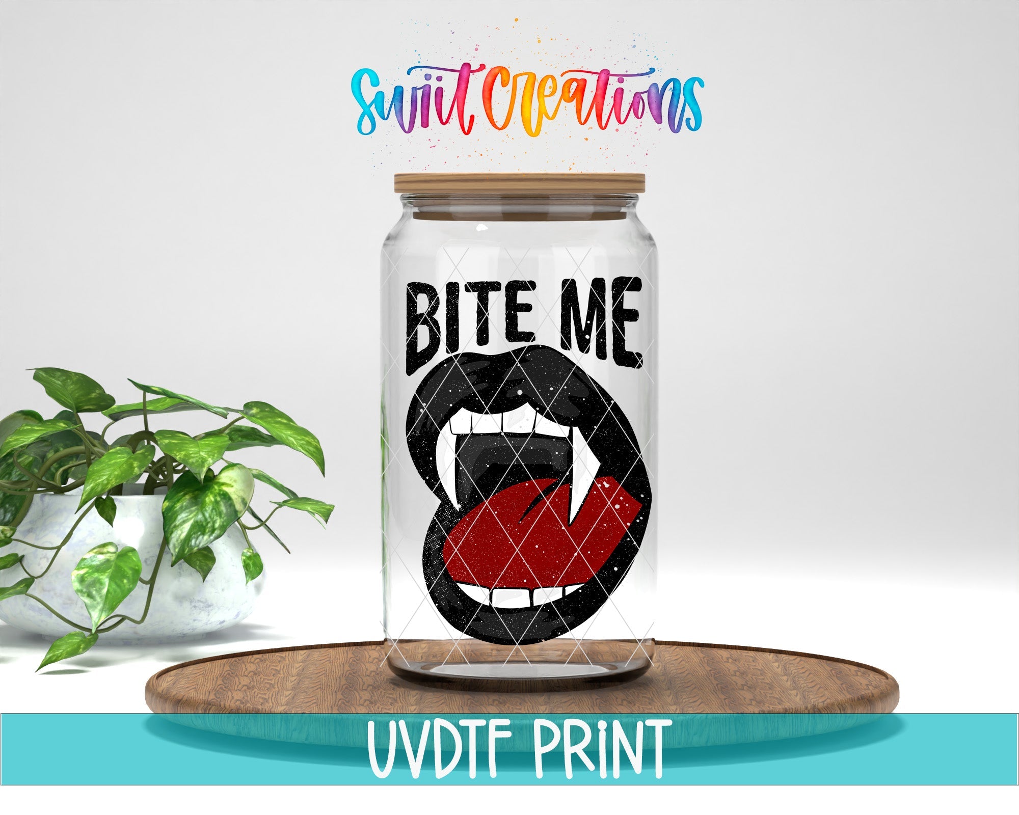 a glass jar with a picture of a mouth on it