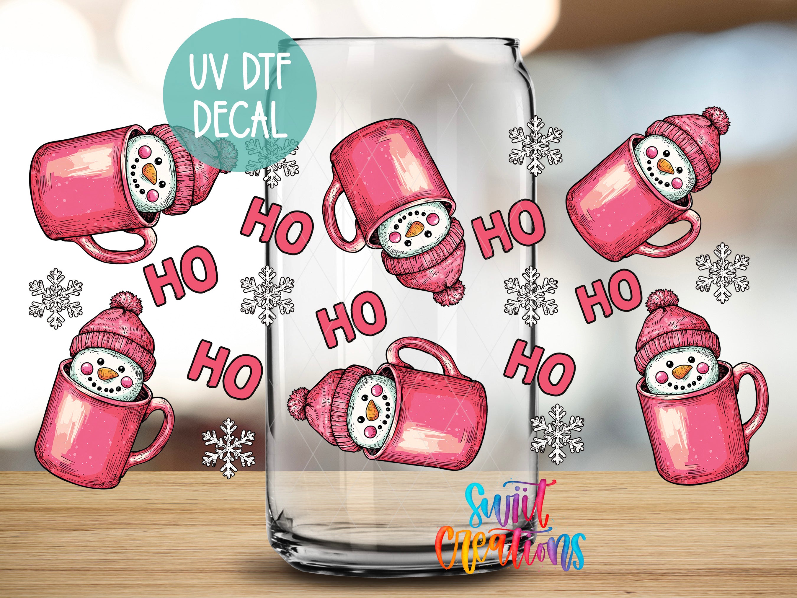 a collection of pink mugs with snowmen and the text "HO HO" printed on them, along with snowflakes. The mugs are arranged in a circular pattern, and the background appears to be a blurred, wintery setting.