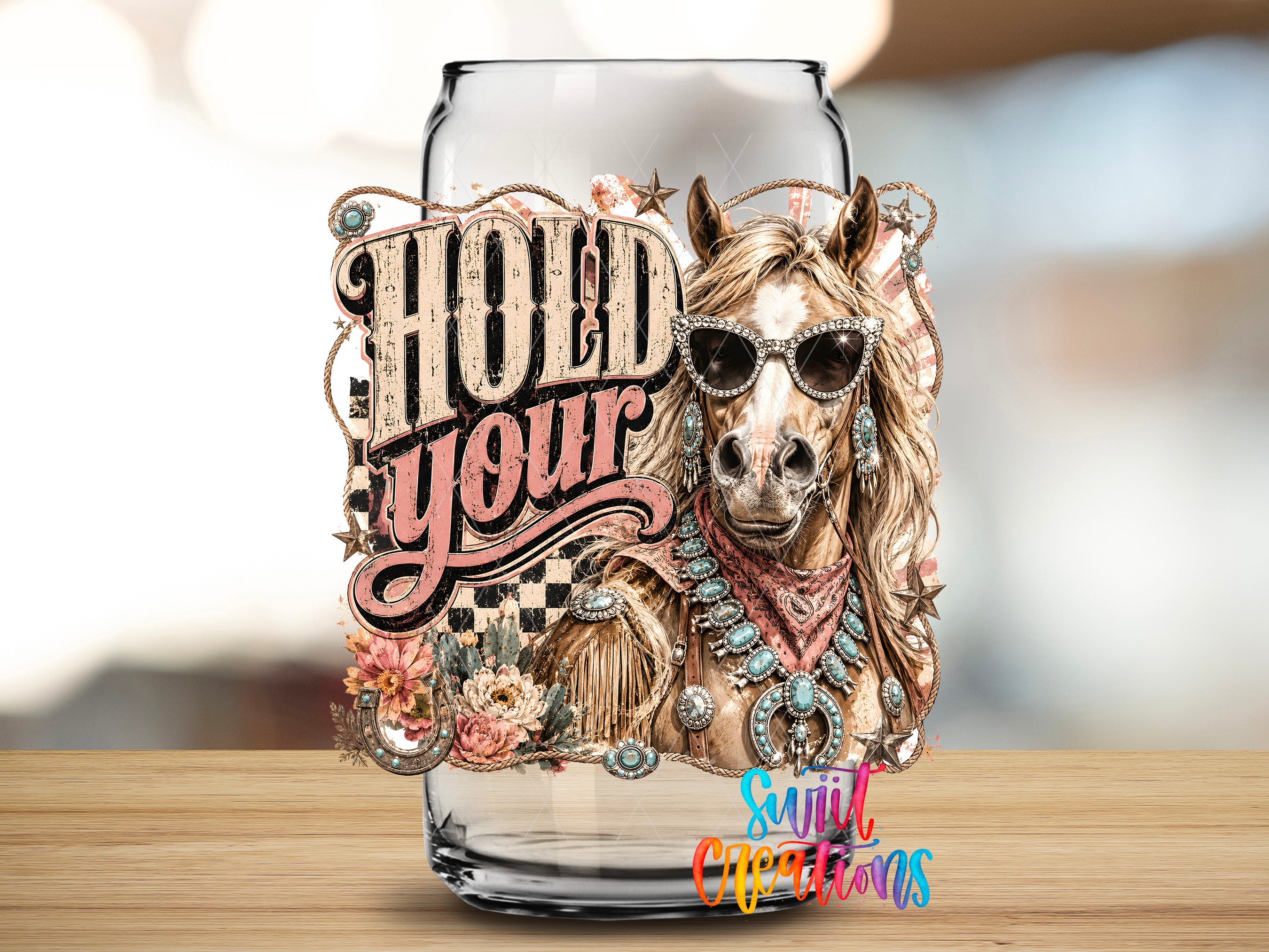 a glass jar with a decorative label that includes a horse wearing sunglasses and a bandana, surrounded by floral elements and text.