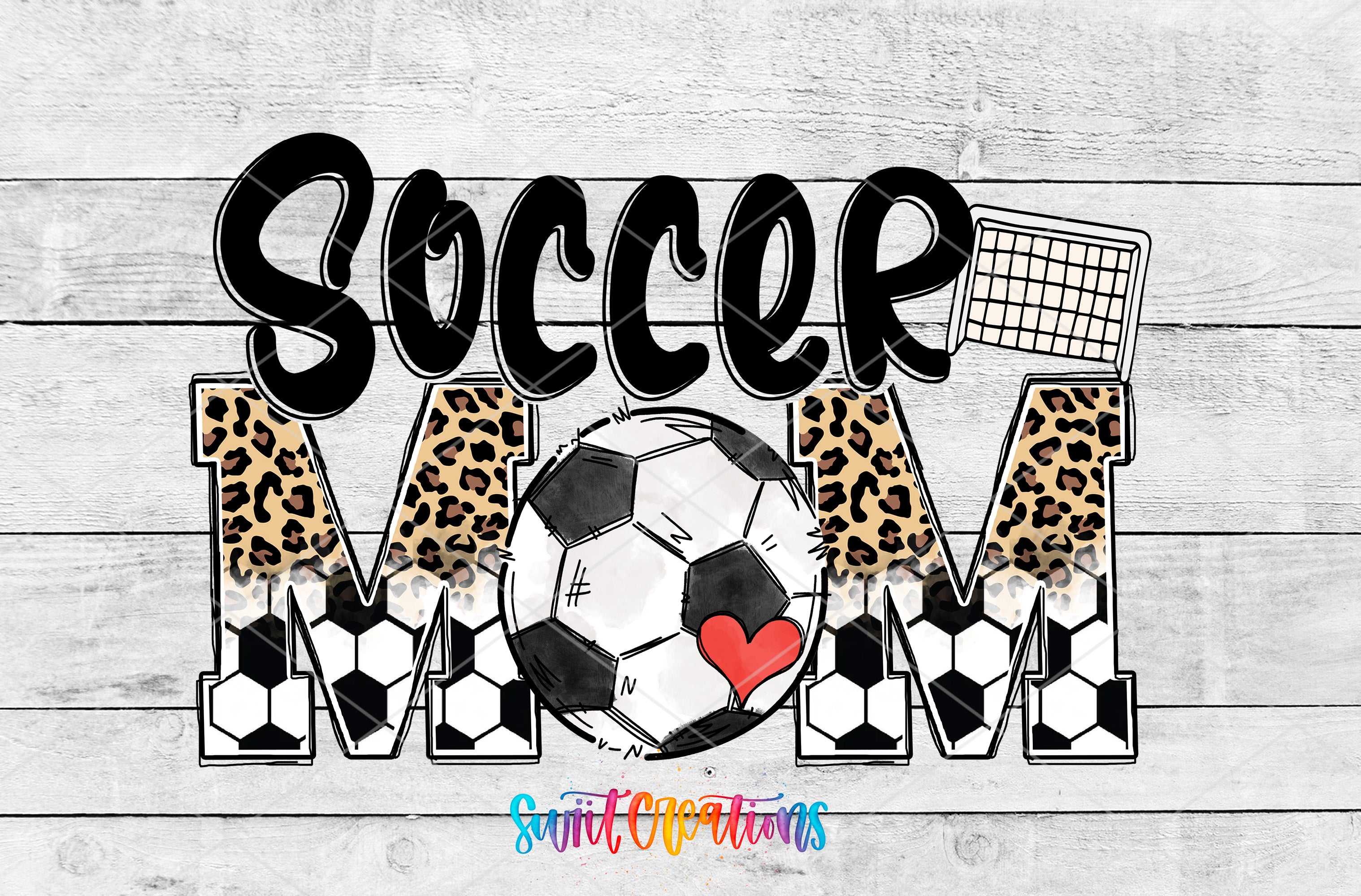 a soccer-themed design with the text "Soccer Mom" prominently displayed. The design includes a soccer ball, leopard print elements, and a heart symbol, creating a playful and sporty aesthetic.
