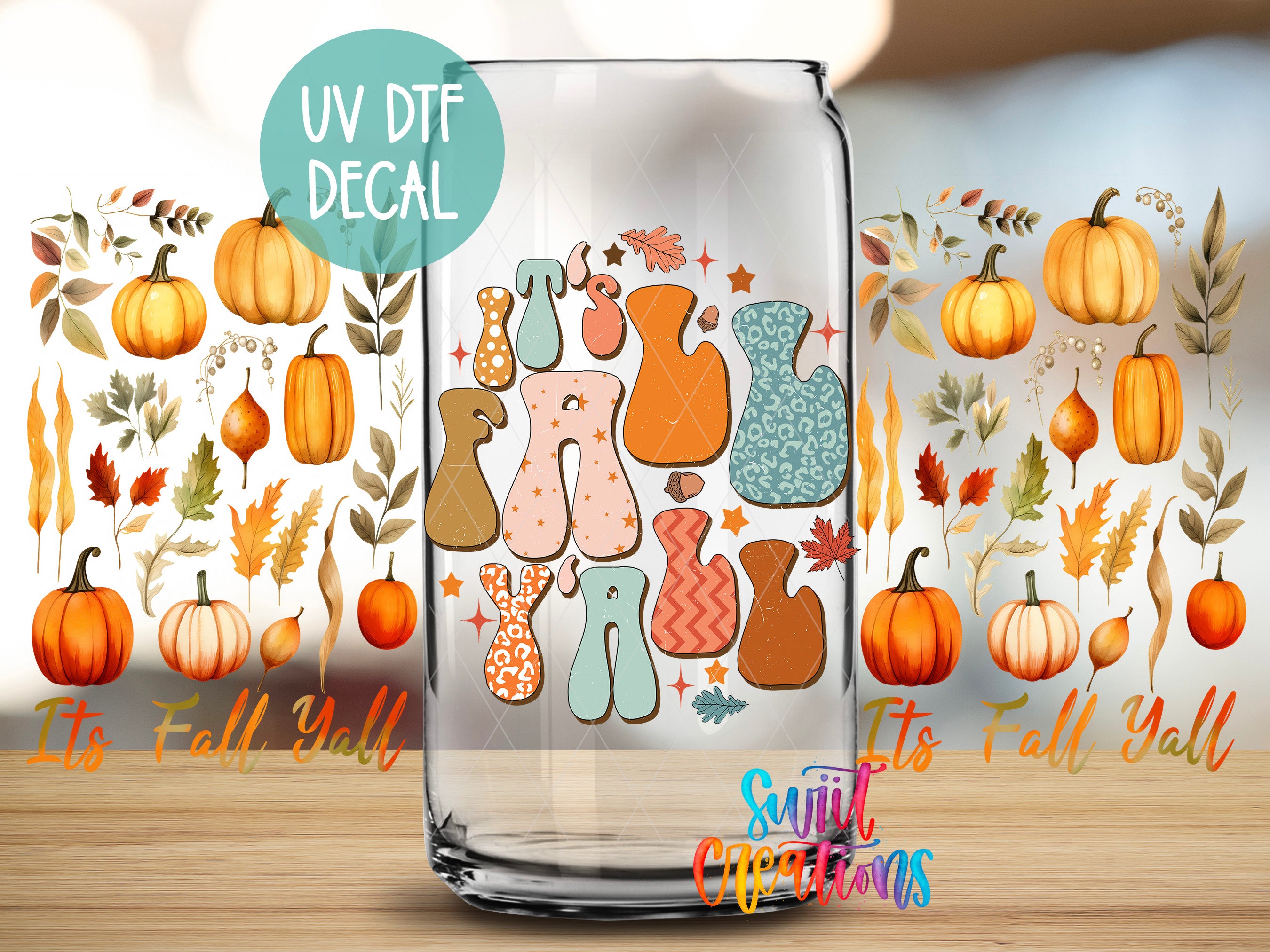 a glass jar with a colorful autumn-themed decal on it, surrounded by various fall-themed elements such as pumpkins, leaves, and stars.