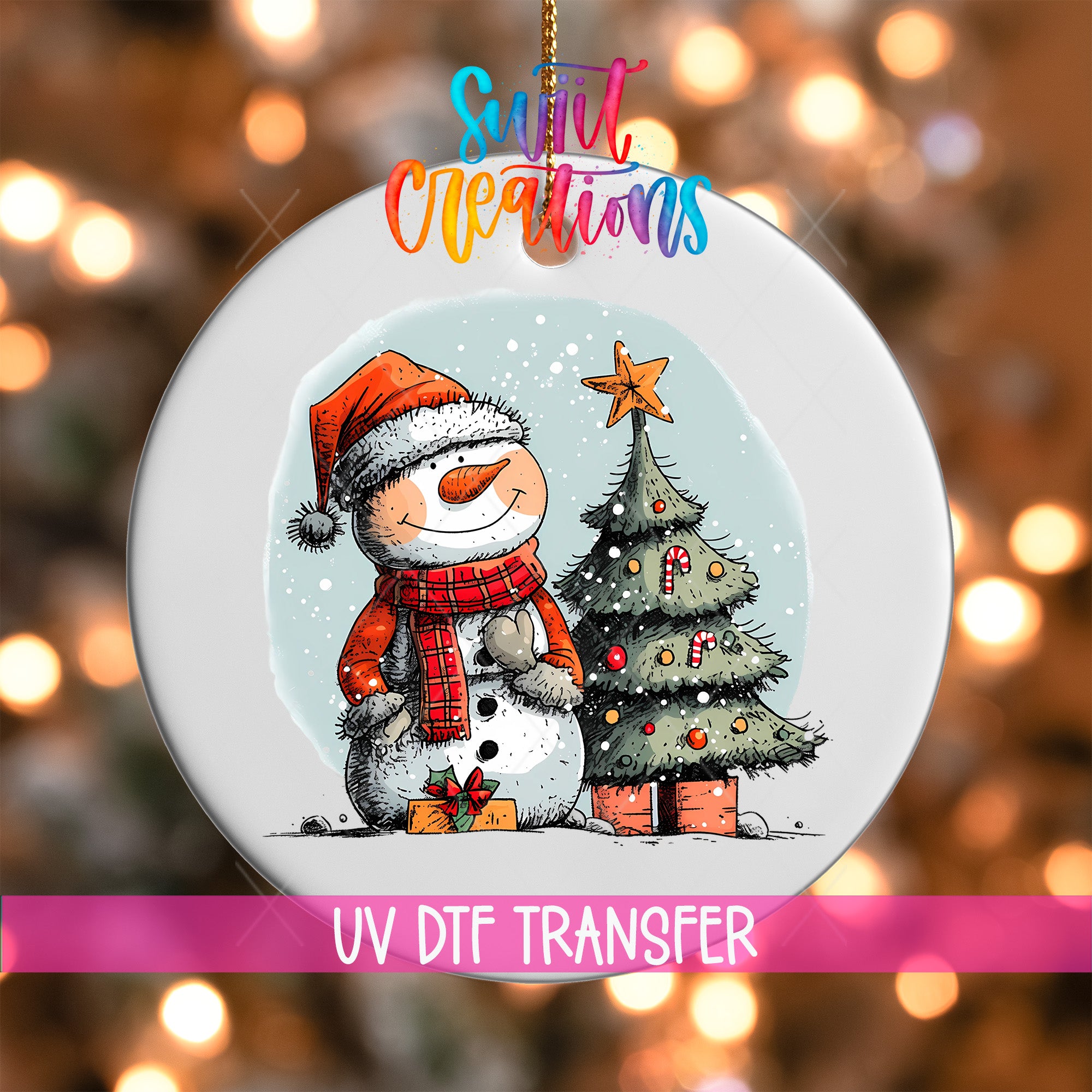 A snowman wearing a red scarf and hat stands next to a Christmas tree, with a star on top, against a background of colorful lights.