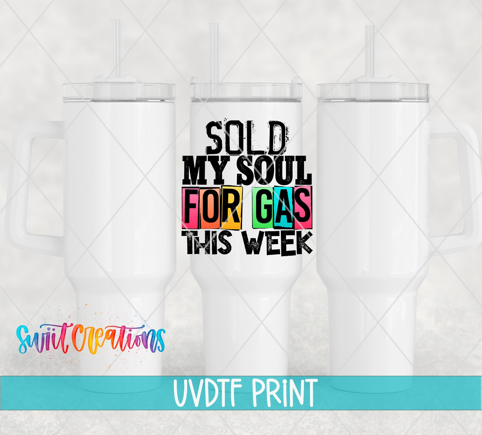 three white tumblers with colorful text printed on them.